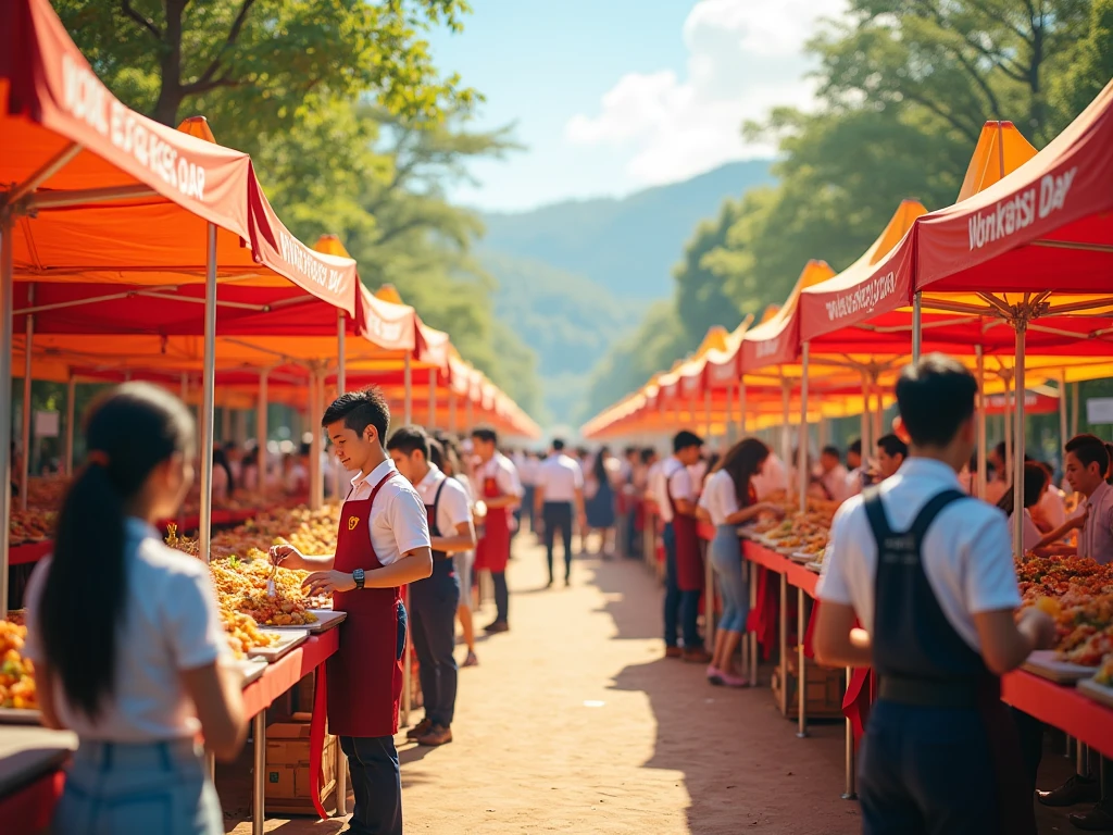 The crowd was bustling,The aroma of barbecue fills the air。Sunlight shines on the ground through the parasols on the stalls,Everyone is dressed in summer clothes,Laughter abounds。The food stalls are full of colorful delicacies,Attracting customers passing by。
human figures: College students wear casual clothing,Some sit at tables and chairs to eat,Some are talking enthusiastically,Showing vitality and youthfulness。
Background with: The streets and buildings of the ancient city serve as the background,The lively scene creates a youthful atmosphere of a summer street。