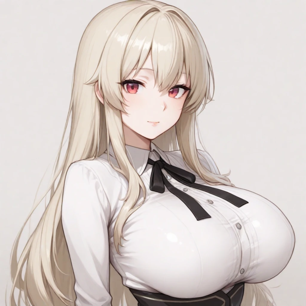 ((Portrait)), She has a Disheveled and Voluptuous Appearance, with Sensual Charm and a Slightly Chubby Build. She Expresses a Tired and Serene Look, Smiling Slightly, Giving Off an Active Attitude. She has Black Eyes, Her Hair is Long and Flowing, Platinum Blonde, Cascading Down Her Back. She Wears a Loose-fitting White Lab Coat, Accentuating Her Figure, with an Open Neckline Amply Emphasizing Her Large Breasts. ((Portrait, HDR, Dark Background))