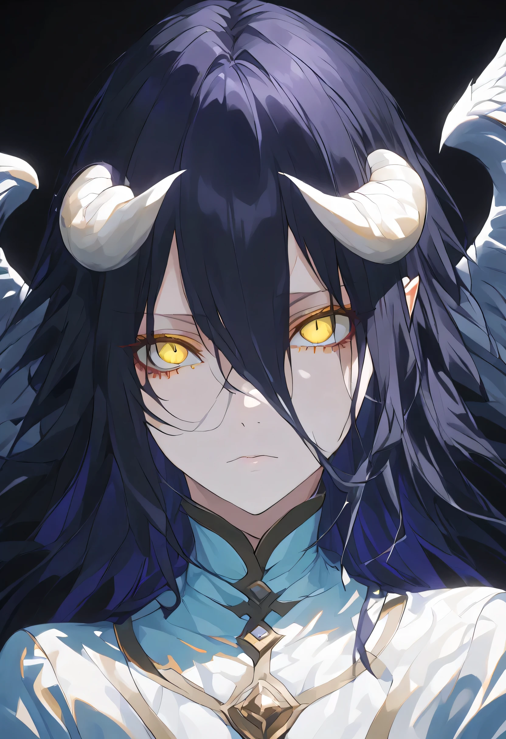 albedoo, black_hair, yellow_eyes, slit_pupils, hair_between_eyes, long_hair,((white demon_horns)),solo,pov,black background,