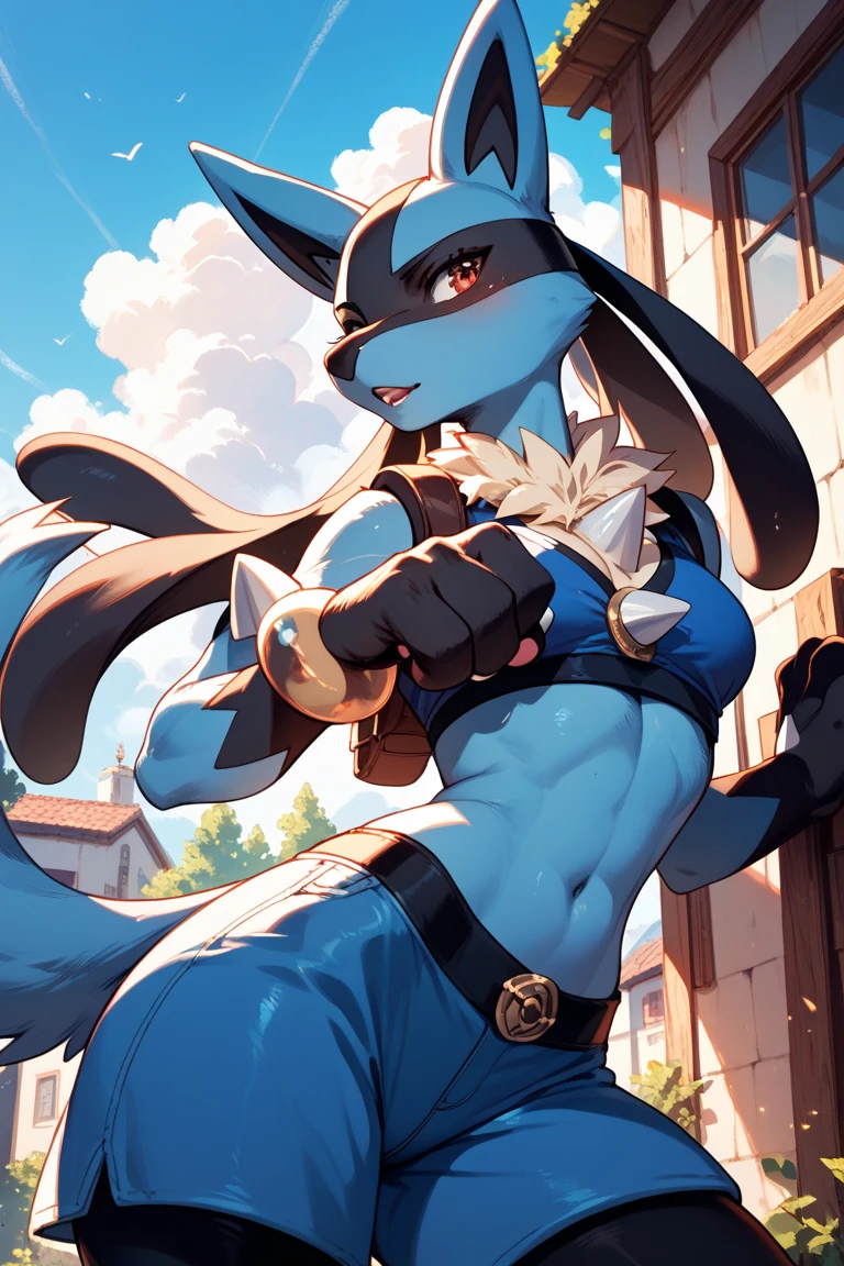 uploaded on e621, (((by Zackary911, Kenket, Kilinah, Zackary911))), solo female (((Lucario))), wear (((golden wristband and jewelry and golden bikini))), (detailed Lucario), (detailed lighting),(detailed fur), (detailed breasts), (detailed skin), BREAK, ((standing at hotel suite outdoor swimming pool with plant on sunny day)), (cinematic lighting), ((detailed background)), ((depth of field)), (half body shadow), ((looking at viewer)), (low-angle view), ((three-quarter view)), [backlighting], [detailed ambient light], [gray natural lighting], [ambient light on the belly], [realistic proportions], [explicit content, adult, nsfw], [sharp focus], (questionable content), (shaded), (hi res), ((masterpiece)), half-closed eyes