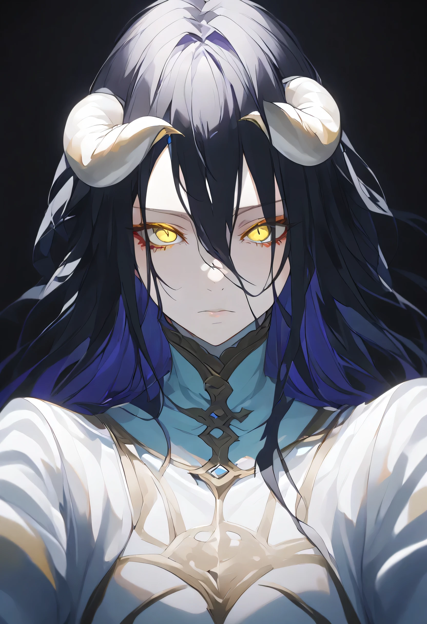 albedoo,(((black hair))), yellow_eyes, slit_pupils, hair_between_eyes, long_hair,((white demon_horns)),solo,pov,black background,