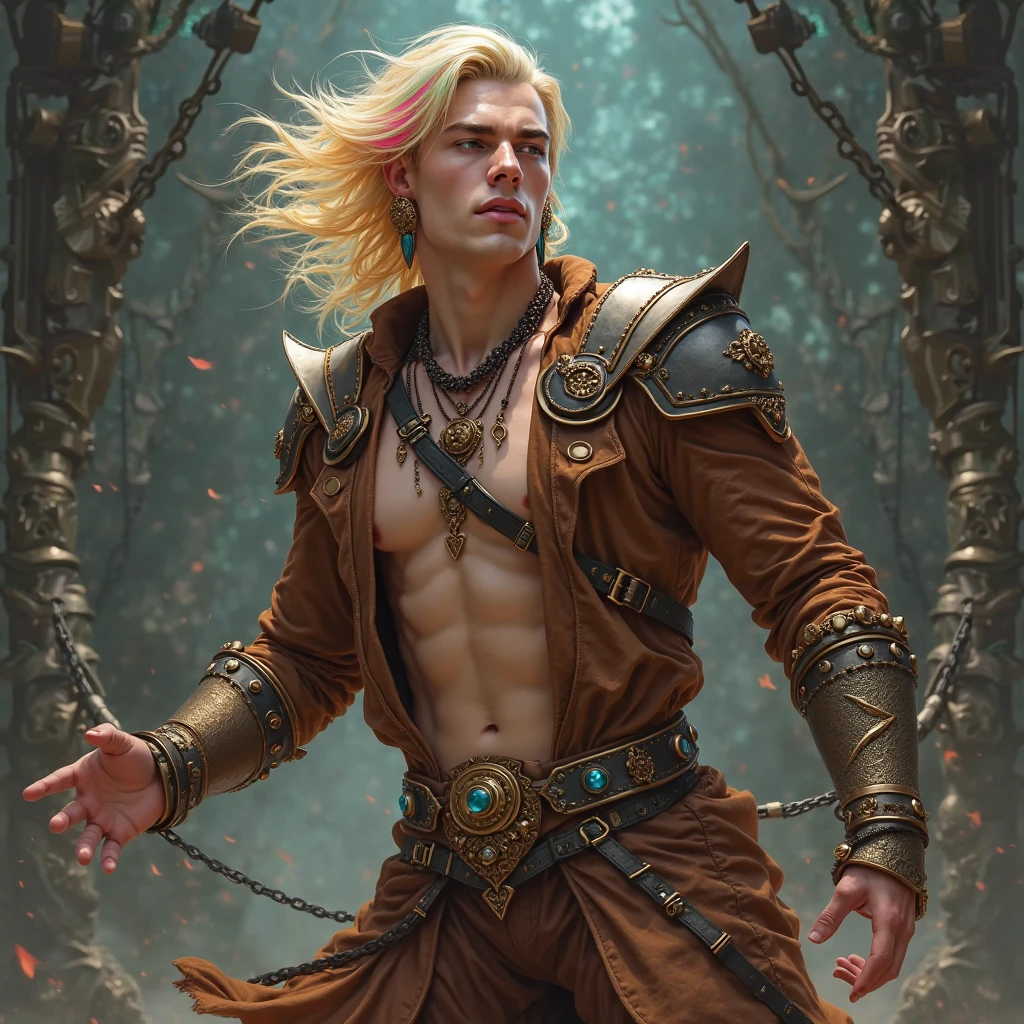 Create the image of a 17-year-old half-elf boy wearing torn clothes after an intense battle, he has green eyes and blonde hair, his skin is white put him in a full-body photo battle pose, set in an arena inside a cave,  {rpg, fantasy}