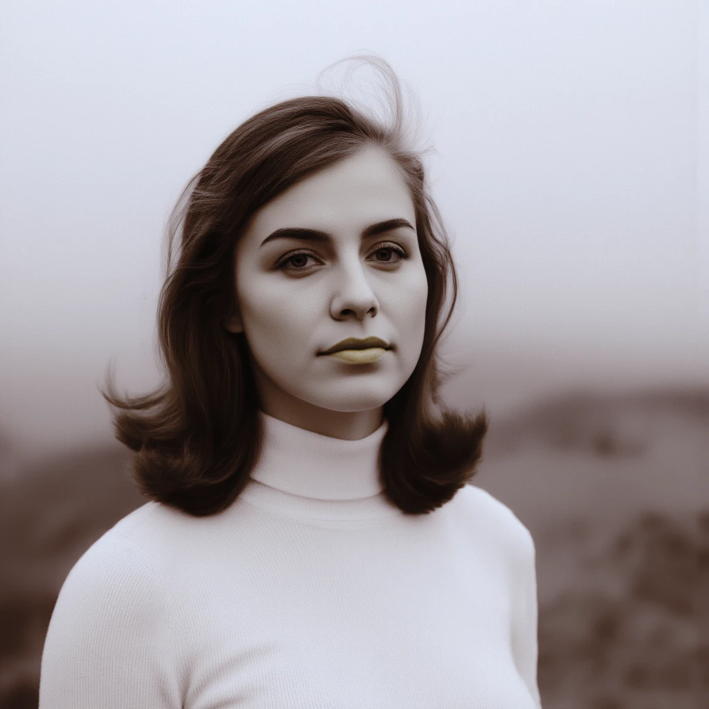 Cinematic photography, slightly low-angle view of a young woman with delicate and expressive facial features, standing in a foggy, open landscape. She has shoulder-length, slightly wavy hair being tousled by the wind, adding a sense of movement. Her contemplative gaze is directed slightly upward and to the side, with lips slightly parted, evoking introspection and quiet emotion. She wears a soft, form-fitting white turtleneck sweater, its texture subtly visible under the moody lighting. The background is blurred and covered in mist, creating a dreamlike and melancholic atmosphere. The black and white color scheme enhances the depth and contrast, emphasizing the model's facial expression and the interplay of light and shadow. Soft, diffused lighting highlights the natural contours of her face, adding a cinematic and ethereal feel. The entire scene conveys solitude, nostalgia, and raw beauty, captured by a professional photographer