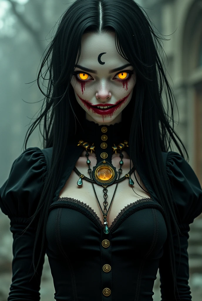 ((best quality)), ((masterpiece)), (highly detailed), creepy woman, long hair, floating hair, yellow eyes, creepy smile, fangs, wide eyes, blood moon,  <lora:Horror:0.7> ,  <lora:hair_with_scenery:0.9>