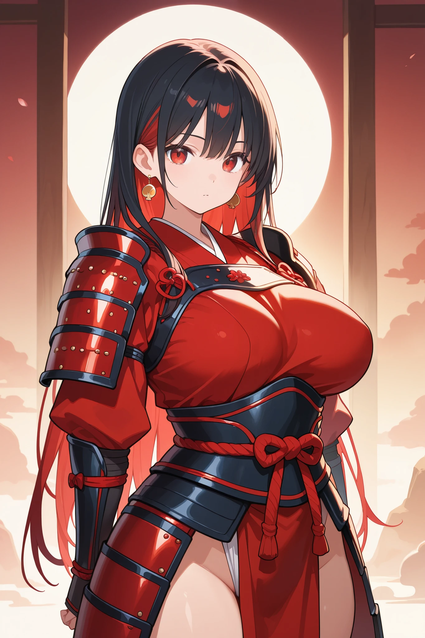 Woman samurai armor long black hair red eyes big breast feudal village demon