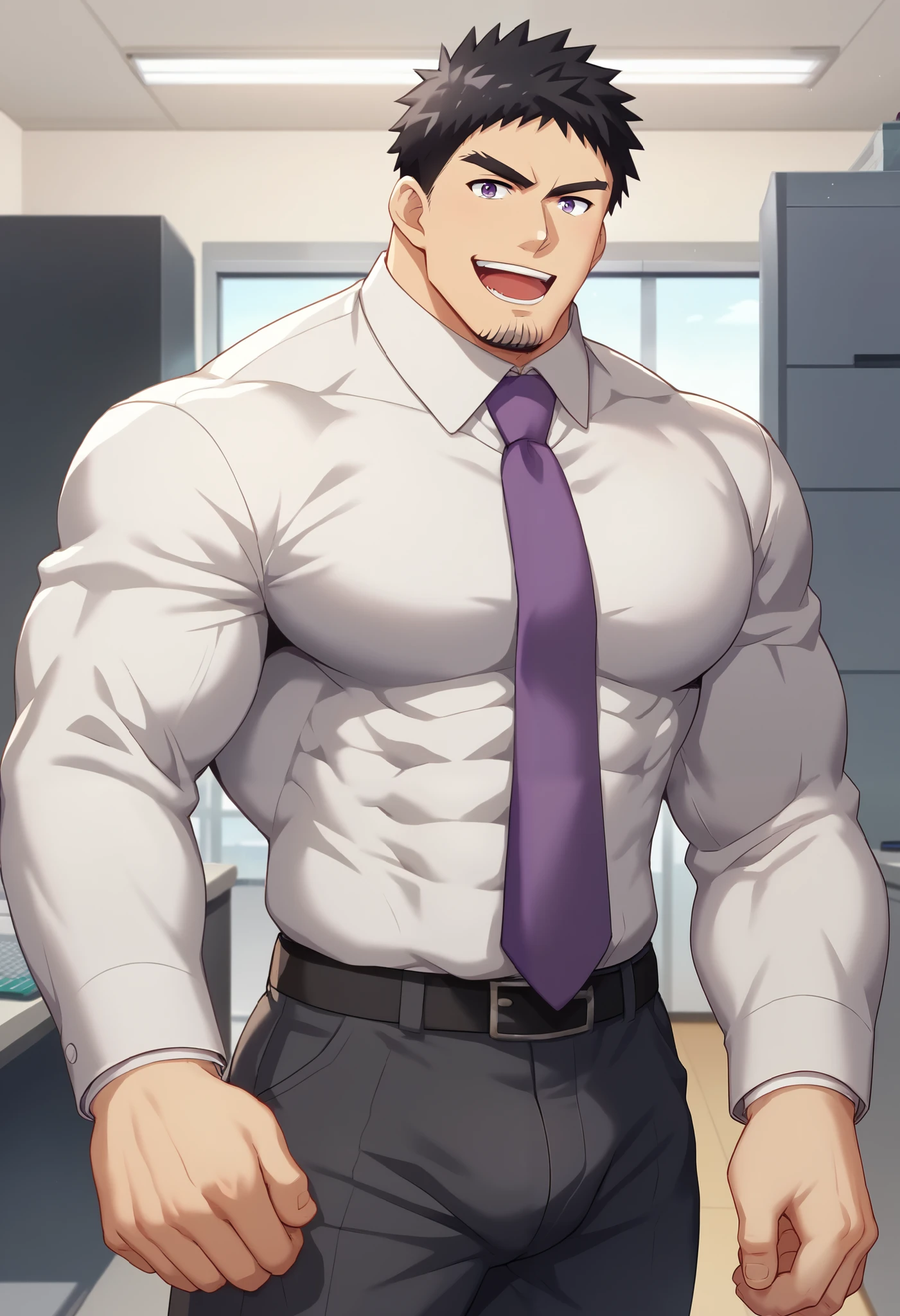 One boy, Face Focus, Adult, sexy, highest quality, employment, Detailed face, office, Building seen from the window, Detailed Background, Diffused sunlight, Written boundary depth, Bokeh、(Very cramped clothes、Very saggy breasts、Huge and very heavy pectoral muscles:1.5)、hentai、BL、Boys Love、Muchimuchi、Blue Y-shirt、Salaryman、Attractive face、A man with a cute expression、plump, Sensual lips、Sensual look、Korean Man、The shirt is buttoned、tie、Hairstyles that expose the forehead、Big eyes、Inverted triangle face、Sticking out tongue