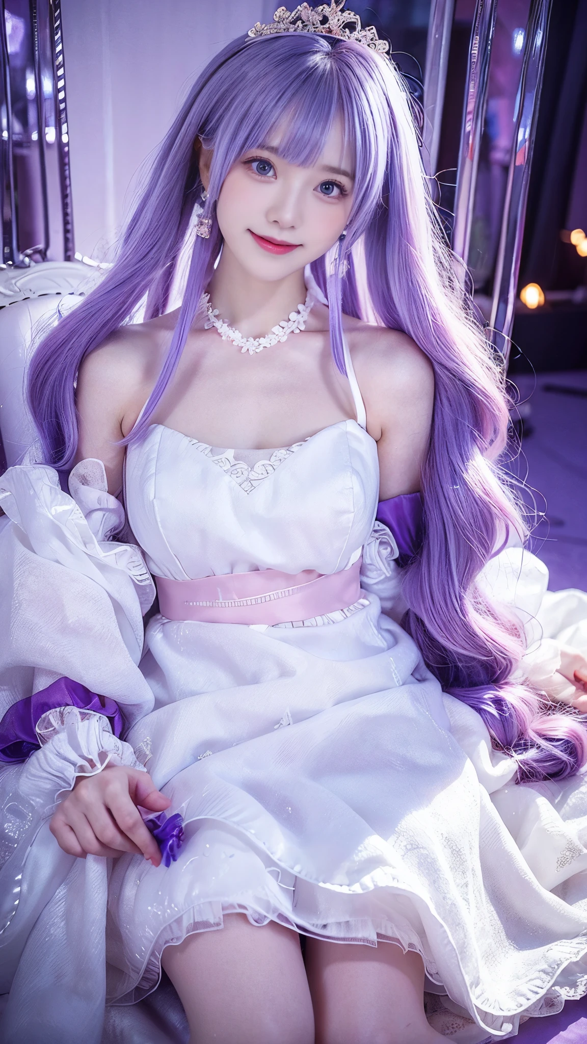  beautiful little princess woman,     pale pink hair    ,    Beautiful Eyes,   Smile,  actual , Full HD,   very nice dress ，milky white fluffy dress ， Curved Body，Magnificent view ， gorgeous decoration ，purple cloth bundle