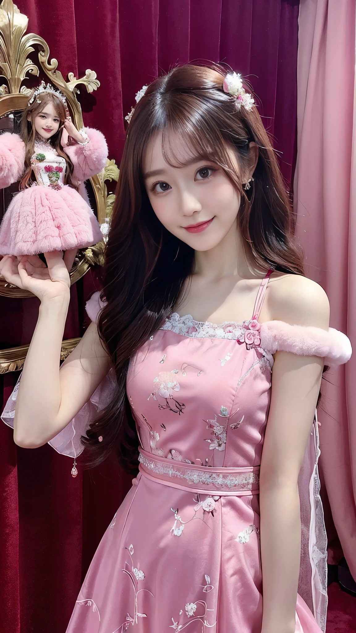 beautiful woman, Chestnut hair , Beautiful Eyes , Smile, actual , Full HD, A very beautiful pink dress , Fluffy Dress , Curved Body,Magnificent views , gorgeous decoration ,Long gown,中国发髻