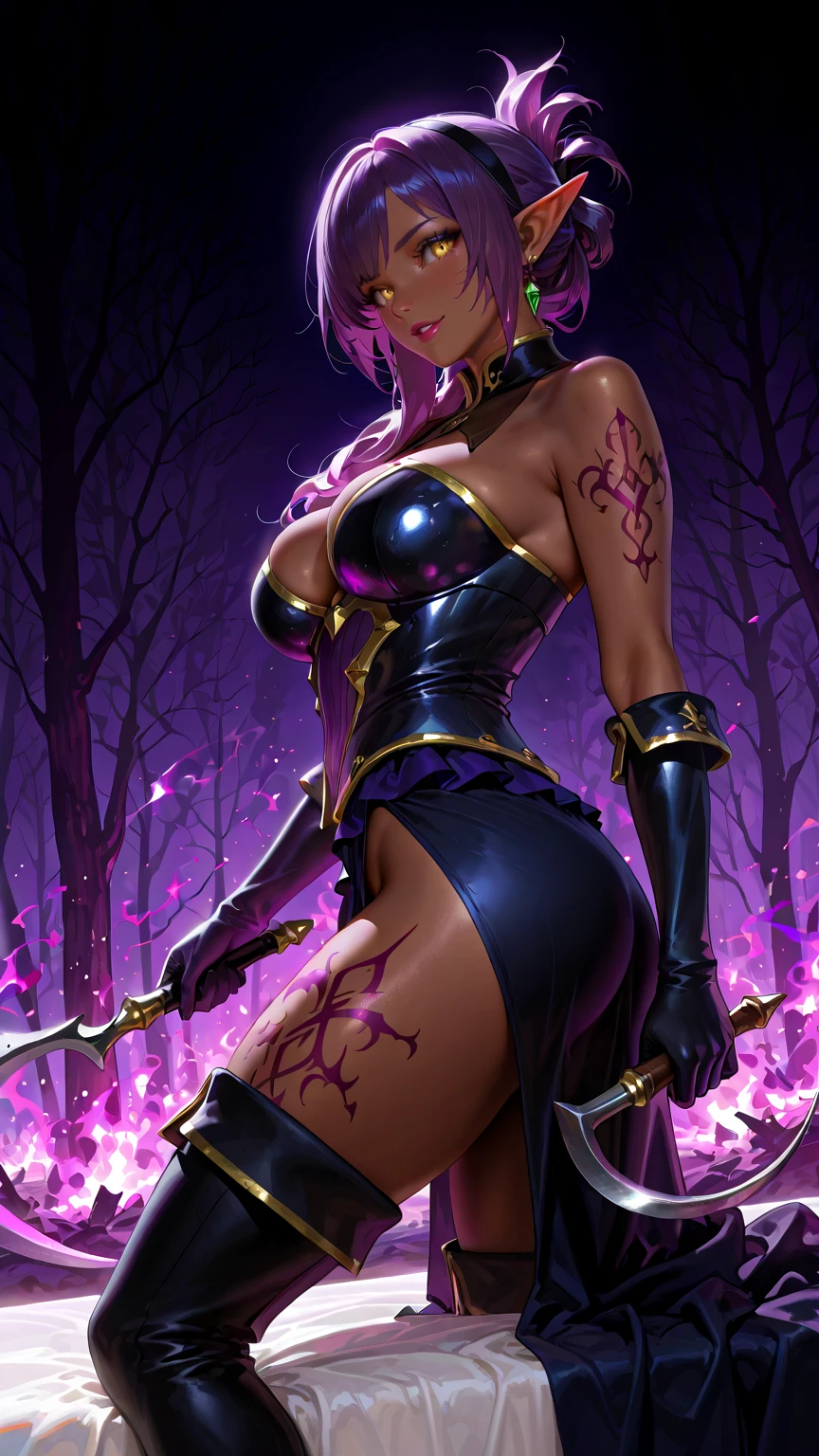 CelineJules, a beautiful mid 20s woman with a slender anime build, light lavender hair in a loose cascade, (pink inner thigh tattoos:1.42), standing in a contrapposto stance with a light smile, wearing a deep purple wrap dress, (front of skirt is hiked up), white lace stockings, high-heeled purple boots, and a heavy bust, holding a magic staff above her head in a spell casting pose, set against a starry void background, (pink glowing magic symbol circles:1.27), a swirl of energy around her feet, with extremely detailed facial features, hands, eyes, and intricate background details, rendered in 16k resolution with best quality and masterpiece style, under moody lighting