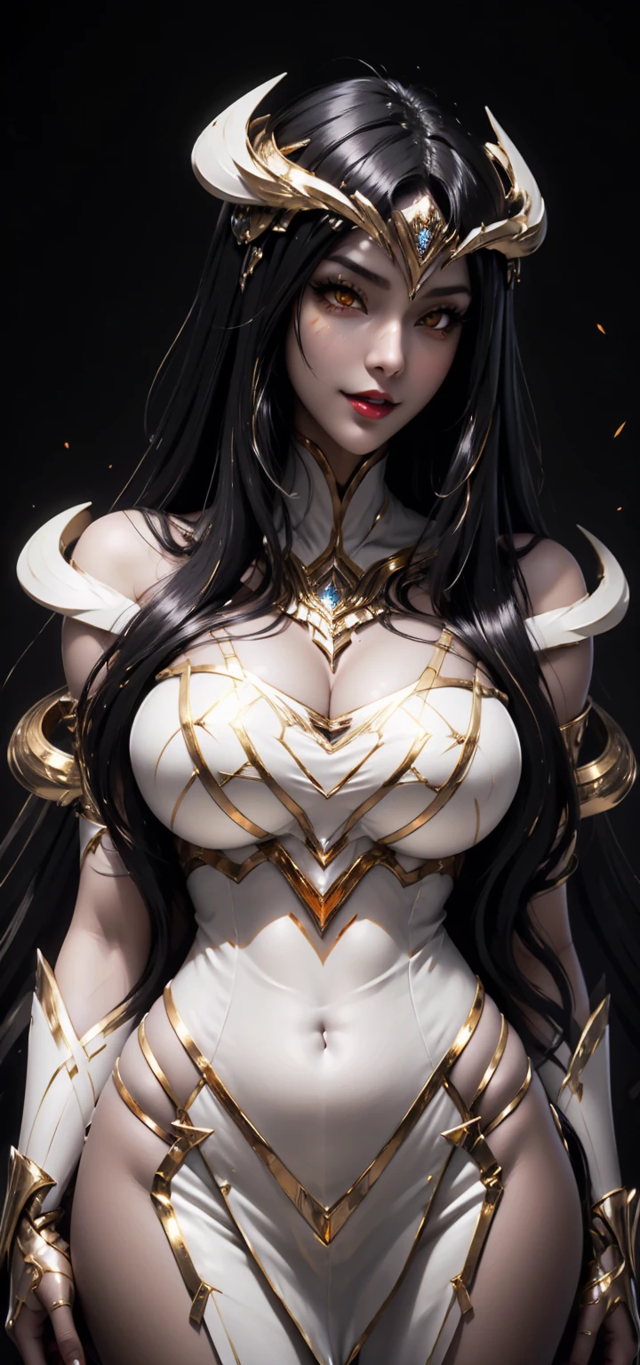Xianxia, Ultra detailed beautiful woman, voluminous breasts, maid woman, of a 25-year-old woman, Stunningly beautiful, black hair, strict hairstyle, black eyes, Her entire head is visible with hair, very long eyelashes, black-white made dress, Stunningly beautiful face, Focus on the face, holographic, light particles, ultra detailed illustration, hit definition, Very bold and bright colors, 32K resolution, Best Quality, voluminous lighting, "beste-Qualit", "tmasterpiece",, ultra realistis, High-quality detailing