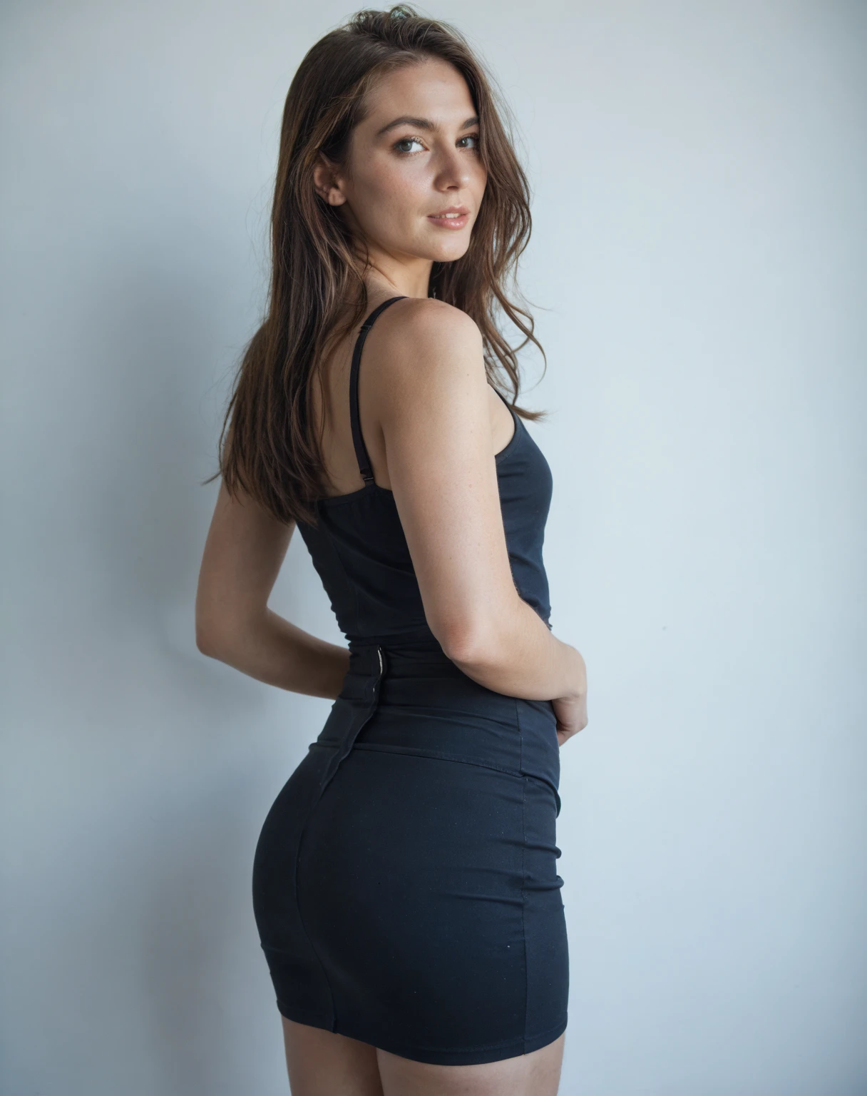 ((best quality)), ((masterpiece)), (detailed), perfect face, 20 years old, slim girl, beautiful girl, round ???, ???? dress, night scene, shadows, perfect eyes, black hairs, thick thighs, medium ?????