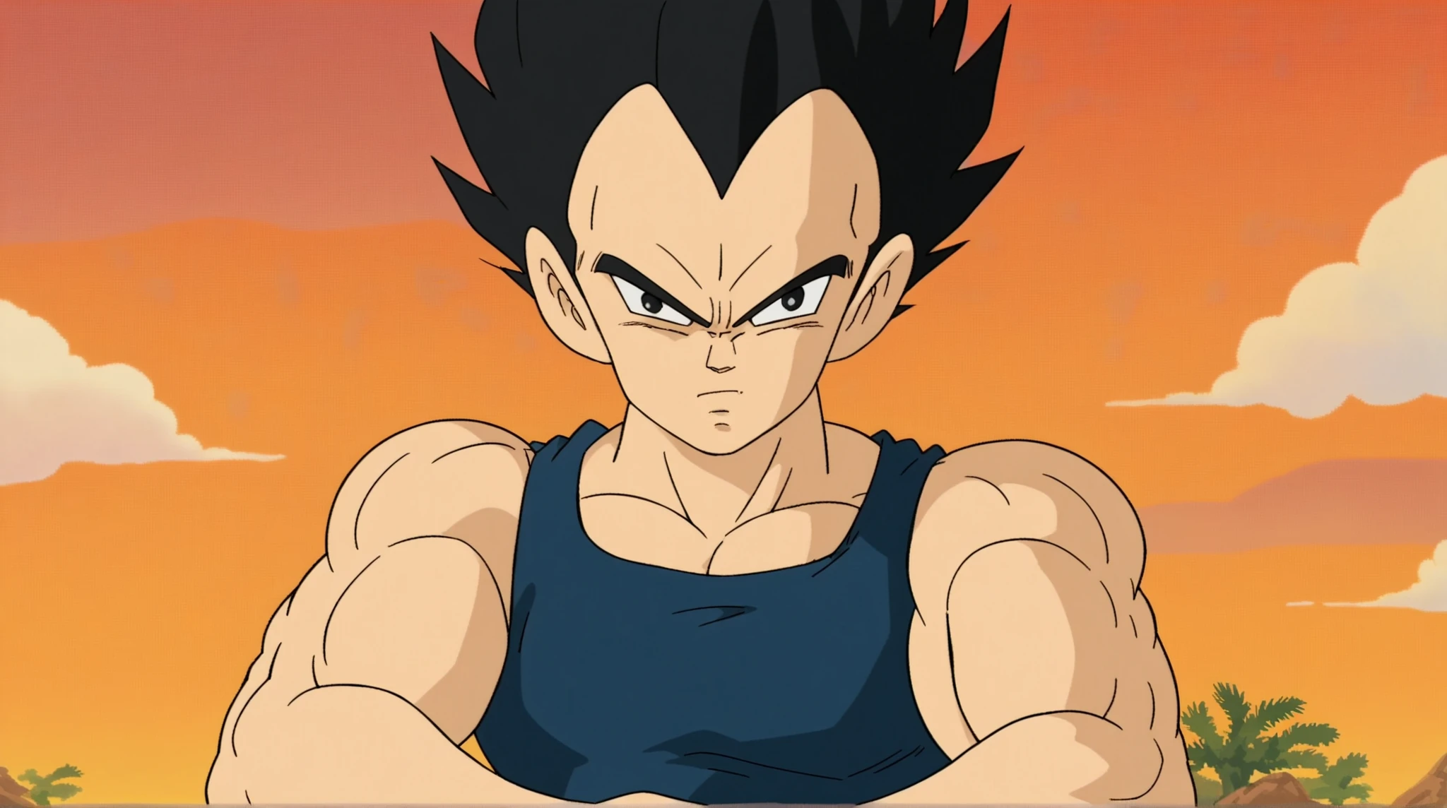 Ghibli Style, score_9, score_8_up, score_7_up, source_anime, vegeta, black hair, male focus, black eyes,, spiked hair, keep one's arms crossed, anime screencap, tank top, pants, looking at viewer, solo,, in desert, montains, clouds, trees, cowboy shot