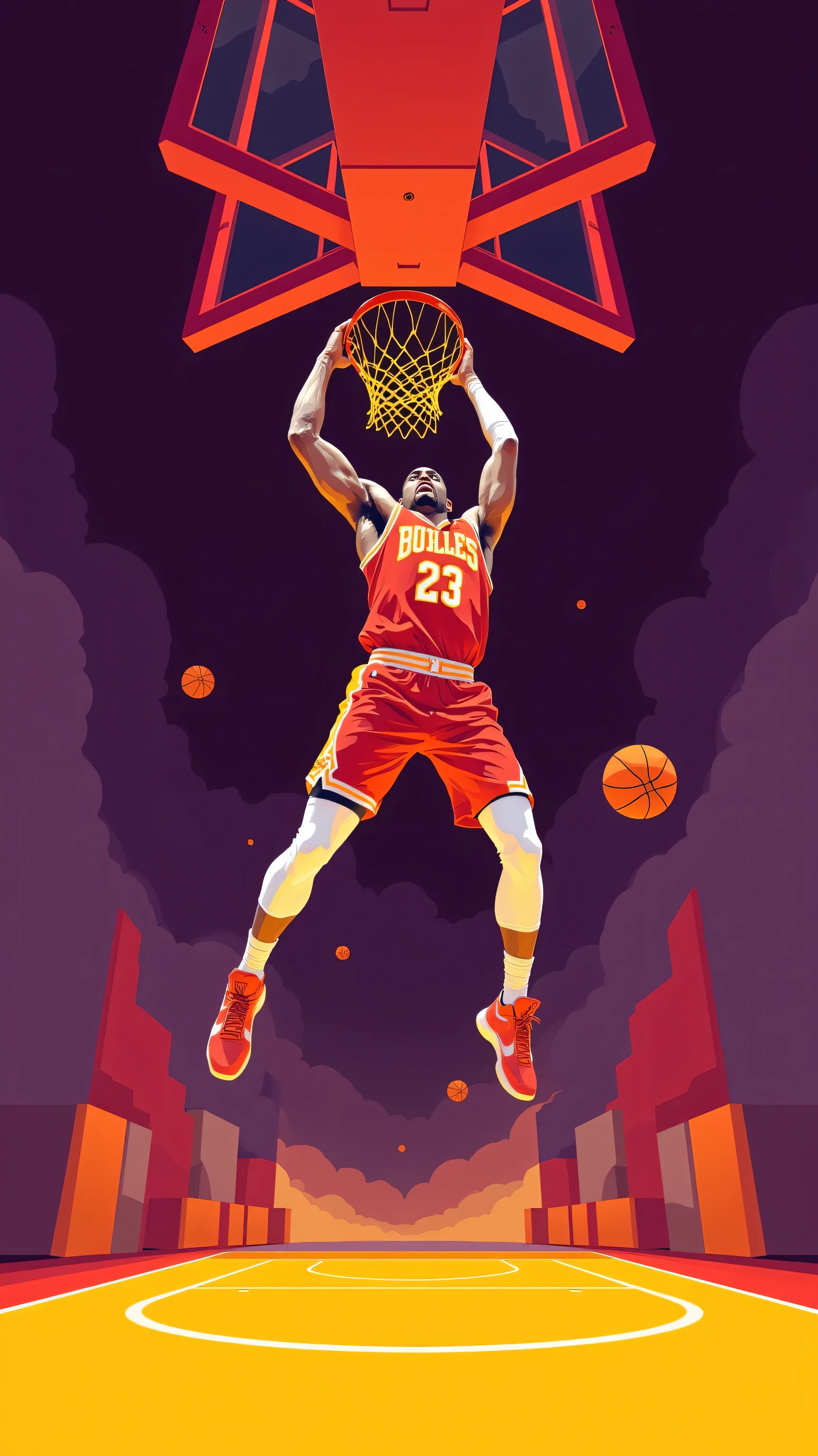 8k, Masterpiece, Top Quality, Low-angle, dynamic, simplified, bold outlines, muted oranges, yellows, deep purples, whites, powerful, energetic, jump shot, dunk, solid yellow, modern, graphic.