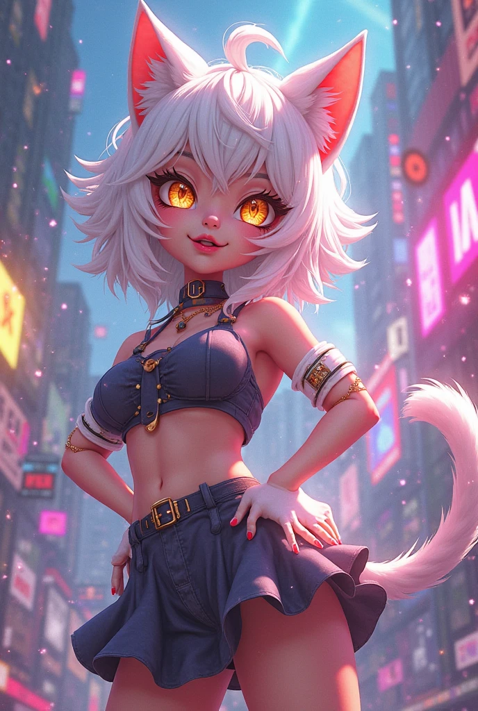 1girl, 20 years old, sexy body, seductive expression, look at viewer, tank top cyberpunk style, mini skirt, photo, animal ears, bunny, big breasts, realistic, best quality, yellow hair, black, and yellow, hires, detailed face, diffused lighting, glasse, depth of field, bokeh, pose model, smile, standing, shoes, white background.