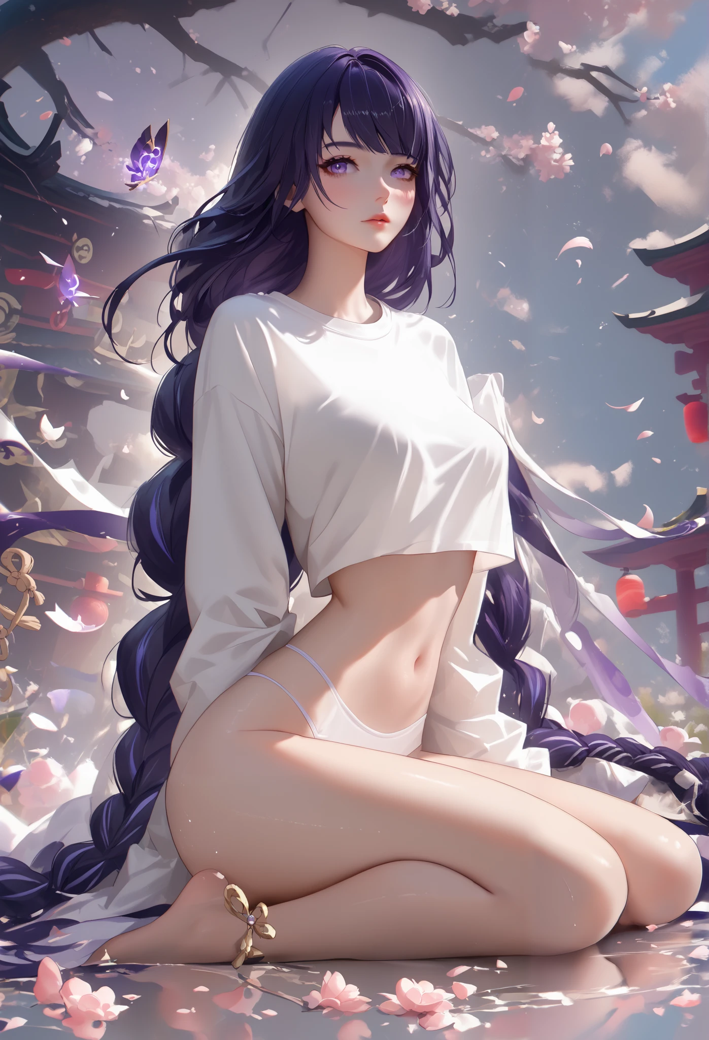 score_9, score_8_up, score_7_up,source_anime, high res image,masterpiece,crop-top,best quality,girl,cute face,clear skin,Raiden_Shogun_genshin,panties, full-body, sitting alone