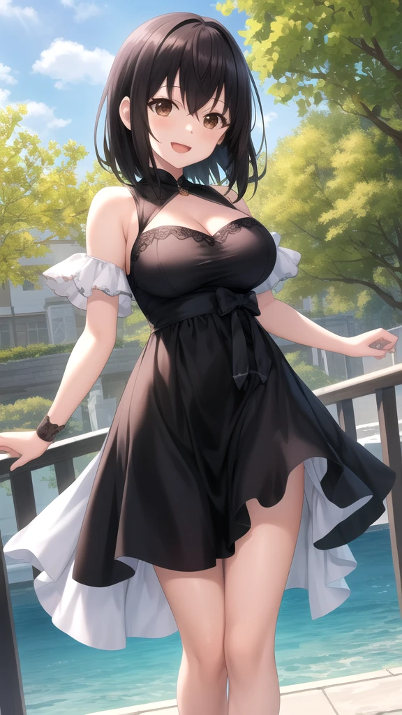 Highest quality, High resolution, masterpiece、Fantasy、Wide Eyes、clitoris、Nipples、 One girl、(Smile and blush:1.3)、From below、(Big Ass:1.4)anus、pubic hair、Black short hair、cute 、Grass grows on both sides of the cobblestones