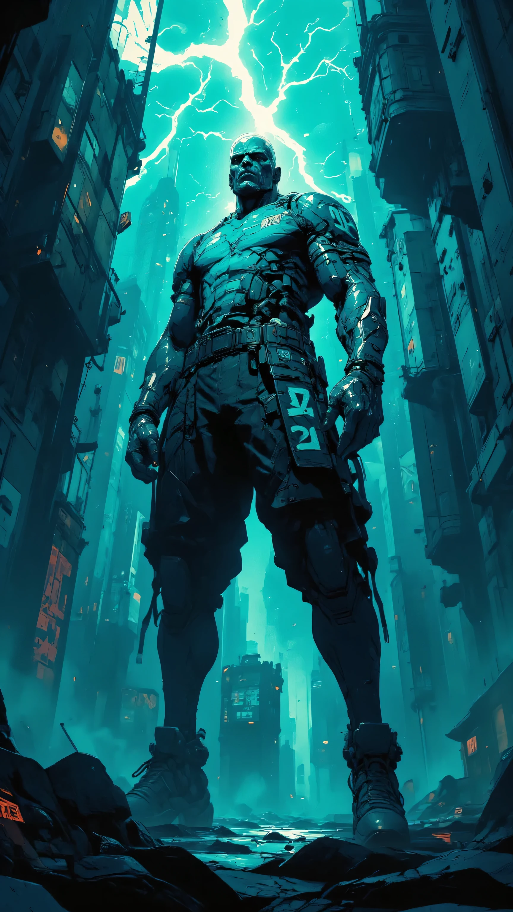 8k, Masterpiece, Top Quality, Low-angle, upward, dynamic, muscular, athletic, jersey, shorts, number, dark-colored shoes, dramatic, dark blue, teal, lightning bolts, energy, power, motion, force, vibrant, graphic, strong contrasts, bold colors, athleticism, power, awe, excitement.