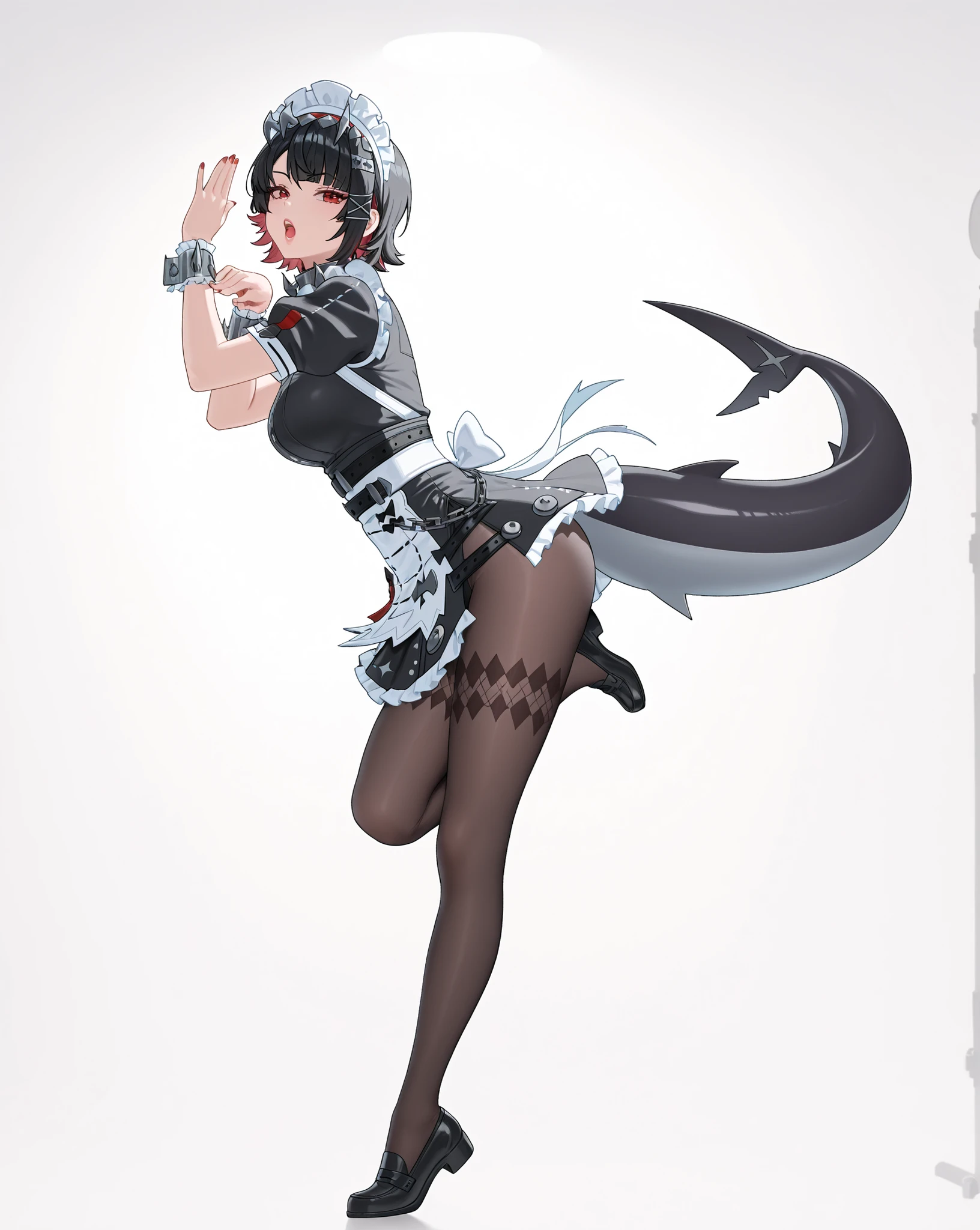 (pose:1.0, playboy pose, dynamic pose, adult Ellen Joe:1.0, Ellen Joe Outfit:1.0, falling skirt:1.0, transparent Ellen Joe pantyhose:1.0, shark tail, big mouth:4.0, big lips:4.0, open mouth:5.0, seductive eyes:4.0, detailed face, detailed mouth, small waist:1.0, wide hips:1.0), black hair, Ellen Joe headdress, red eyes, 1woman, alone,simple background, masterpiece, detailed face, perfect hands, perfect eyes, Ellen Joe loafers, photo studio lighting, red rim light, purple fill light