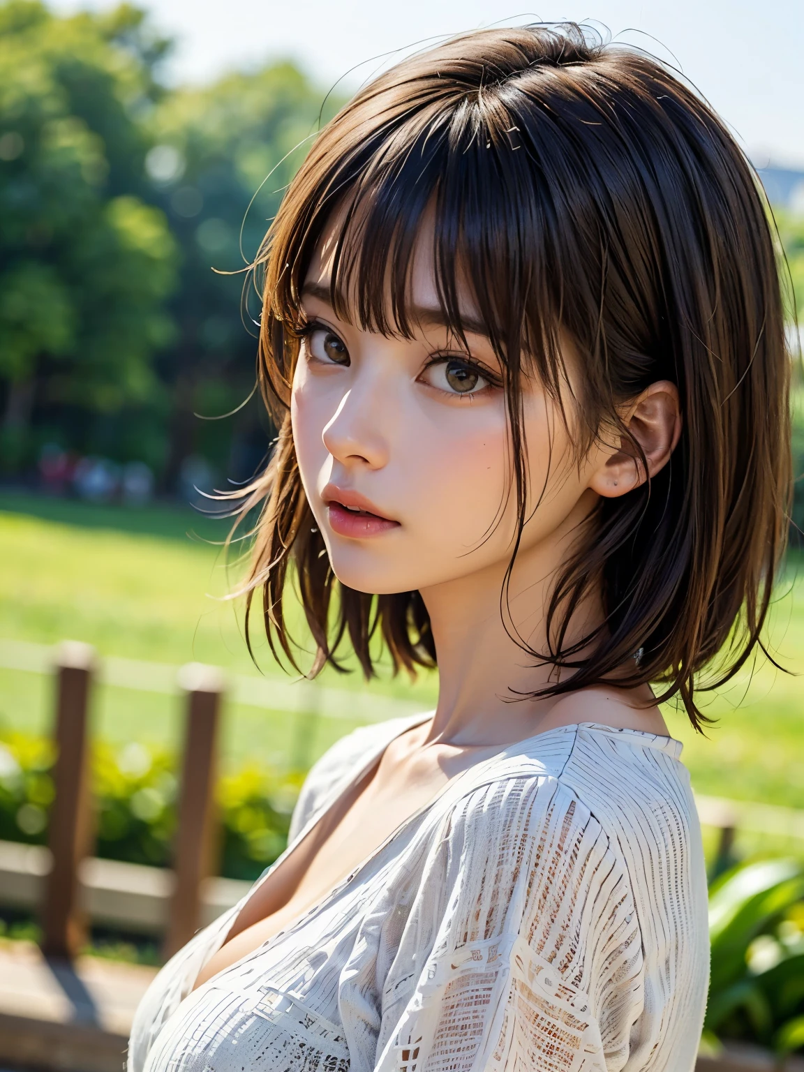 masterpiece, Highest quality, 8k, 20th Generation, Large Breasts, cute, alone, sad, cute, Girlish, Delicate girl, Pure beauty,  RAW Photos, Professional photography, Portraiture, Soft Light, Professional Lighting, Backlight, Upper Body, avert your eyes, Sophisticated, Film Grain, (Eye and facial details:1.0), Short floating hair, Beautiful, flowing hair, bangs, sweater,