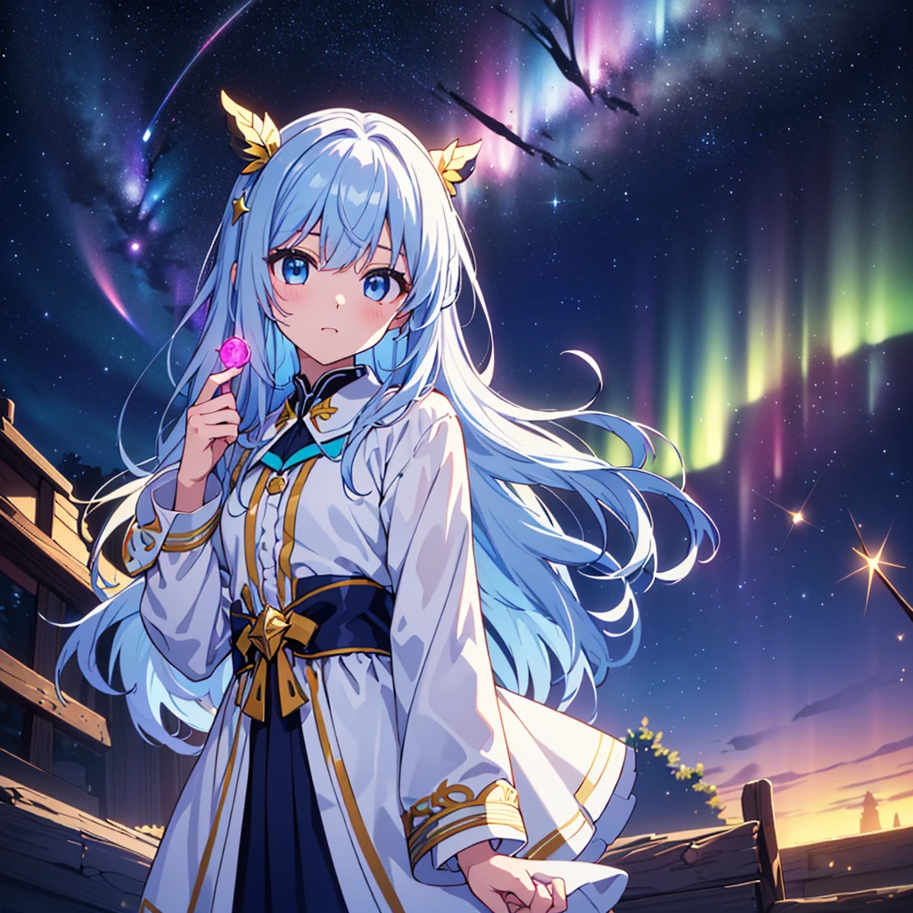 top-quality, Photorealsitic, ultra-detailliert, Delicate, orderly, high detailing,, 10 years old, Embarrassing, Smile, slender, Cowboy Shot, Blurred background, (Girl in 1: 1.1), Dynamic Angle, (bioluminous hair, Glowing eyes: 1.2), Ambient Occlusion, ambient lights, ray tracing reflection, Glow, glowing aura, Glowing hair,bluish-silver ponytail, (Drooping heterochromia iris:1.3),夏天,Mare、bathrobe、natta、starrysky、sparklers、skyrocket、nigh sky、