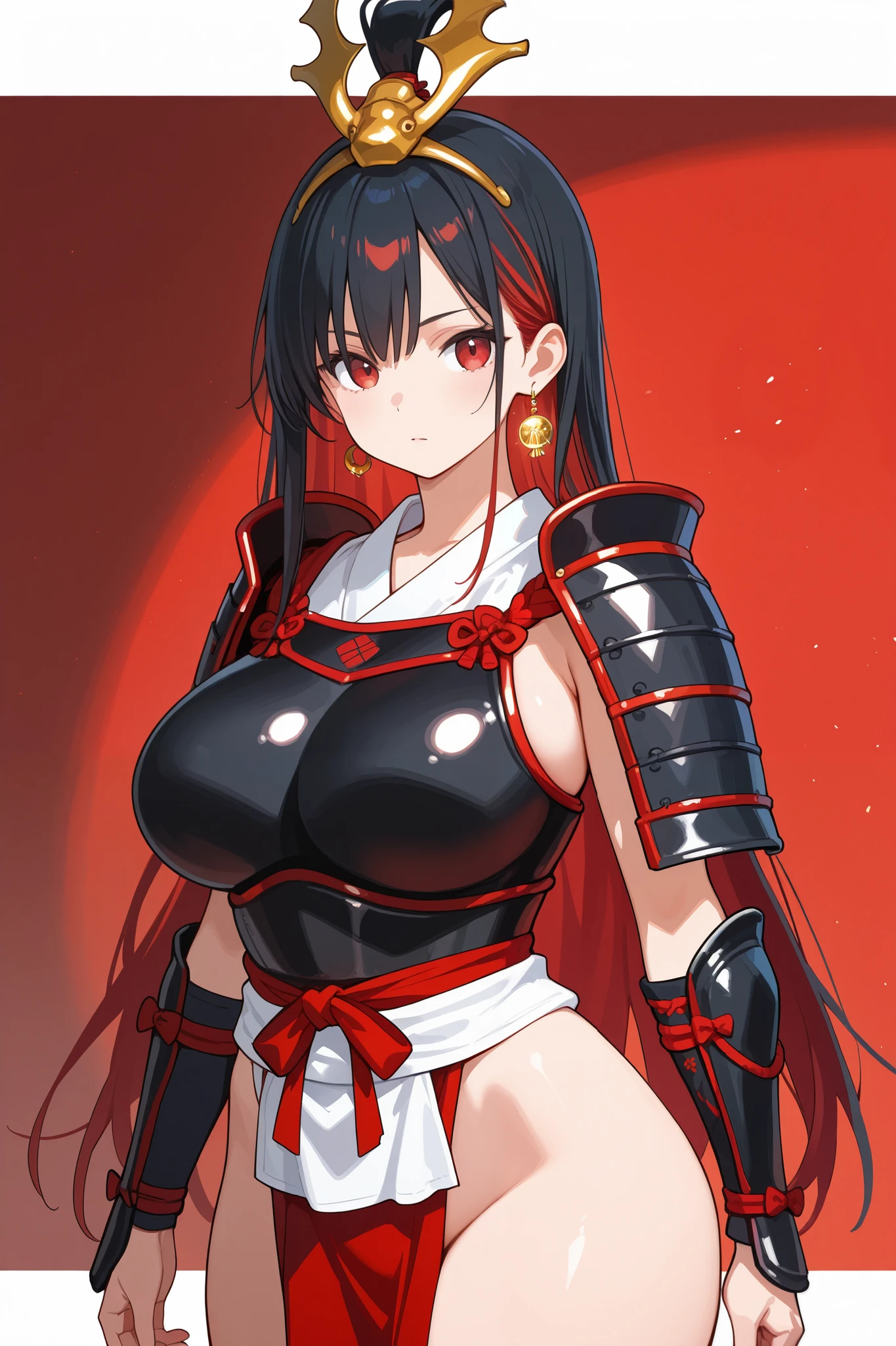 Woman samurai armor long black hair red eyes big breast village sword blood