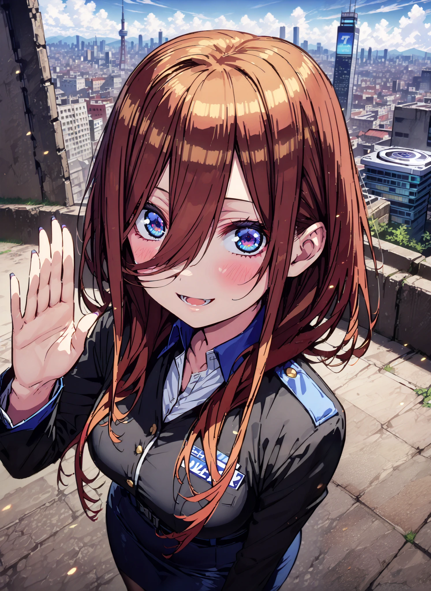 score_9, score_8_up, score_7_up, source_anime, Miku Nakano, Nakano Future, long hair, bungs, blue eyes, brown hair,wide hair between eyes,Policewoman uniform,blue pencil skirt,Wireless machine,black pantyhose,pin heels, saluting ,is standing,smile,cover,close your mouth,building,full bodyがillustrationsに入るように,break outdoors, City,
break looking at viewer,full body,
break (masterpiece:1.2), Highest quality, high resolution, Unity 8k 壁紙, (illustrations:0.8), (beautiful detailed eyes:1.6), very detailed face, so that it fits into the illustration, extremely detailed CG, (curved body, perfect anatomy),