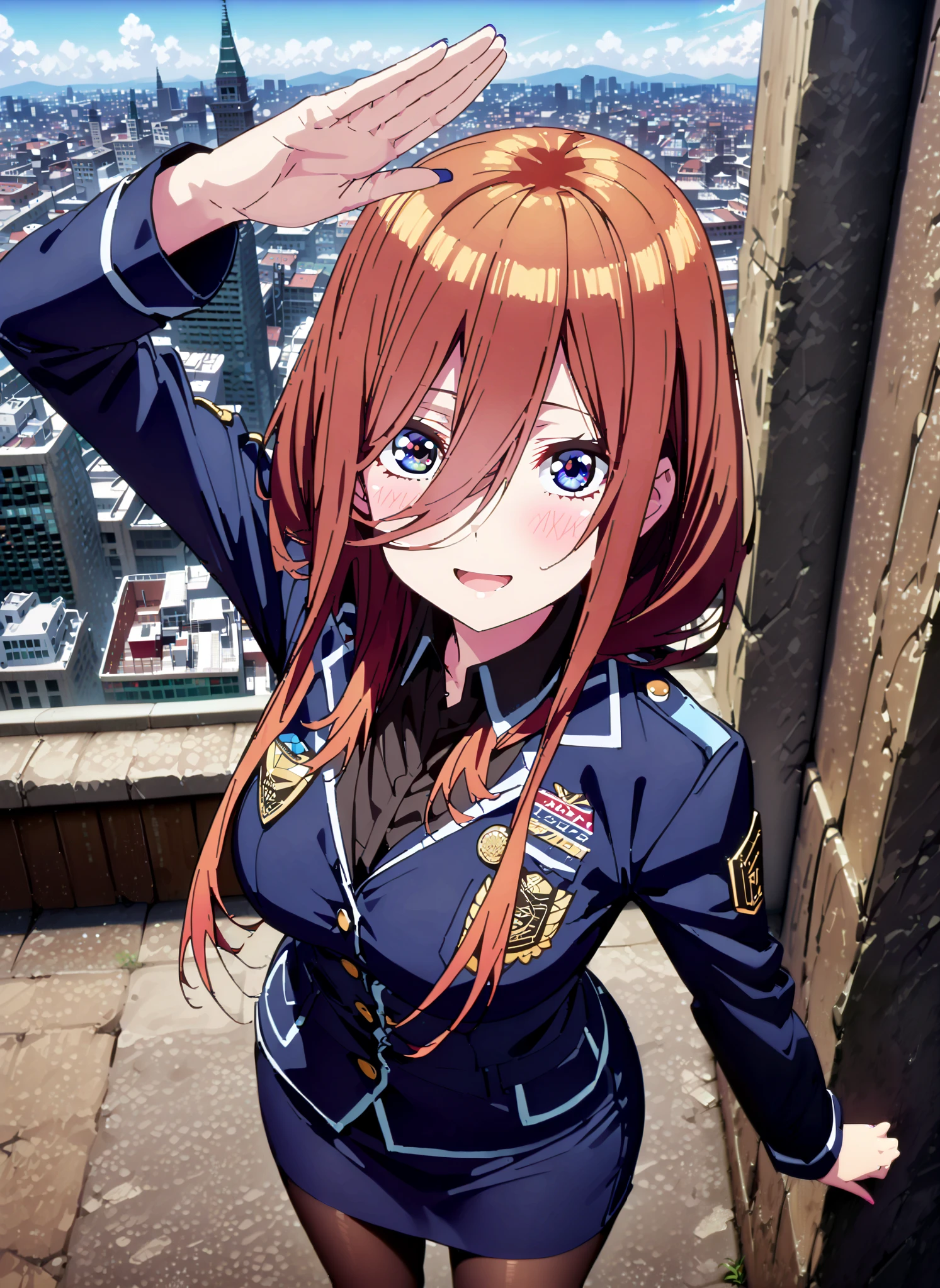 score_9, score_8_up, score_7_up, source_anime, Miku Nakano, Nakano Future, long hair, bungs, blue eyes, brown hair,wide hair between eyes,Policewoman uniform,blue pencil skirt,Wireless machine,black pantyhose,pin heels, saluting ,is standing,smile,cover,close your mouth,building,full bodyがillustrationsに入るように,break outdoors, City,
break looking at viewer,full body,
break (masterpiece:1.2), Highest quality, high resolution, Unity 8k 壁紙, (illustrations:0.8), (beautiful detailed eyes:1.6), very detailed face, so that it fits into the illustration, extremely detailed CG, (curved body, perfect anatomy),