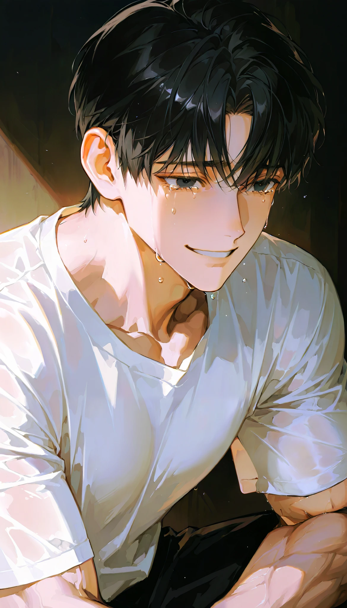 Young man, 1man ,crying,teary eyes, smiling, Handsome,short hair,Solo painting,white shirt, mature man, muscles,solo,alone,handsome,black hair, black eyes, contemplative pose