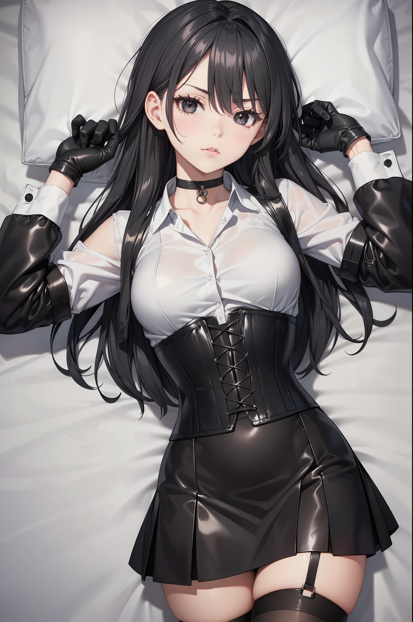 Masterpiece, beautiful art, professional artist, 8K, sciamano240 art style, very detailed face, detailed clothing, Detailed fabric, (A young girl of short stature), (seen from above)), (lying in bed), perfectly drawn body , beautiful face, closed lip vest, ((long black hair), black eyes, very detailed eyes, serious expression, detailed lips, choker:1.6, (long sleeve buttoned white collar shirt), black gloves, gloves that cover my hands , (black leather corset), (short black skirt), ( brown stockings), show details in the eyes,