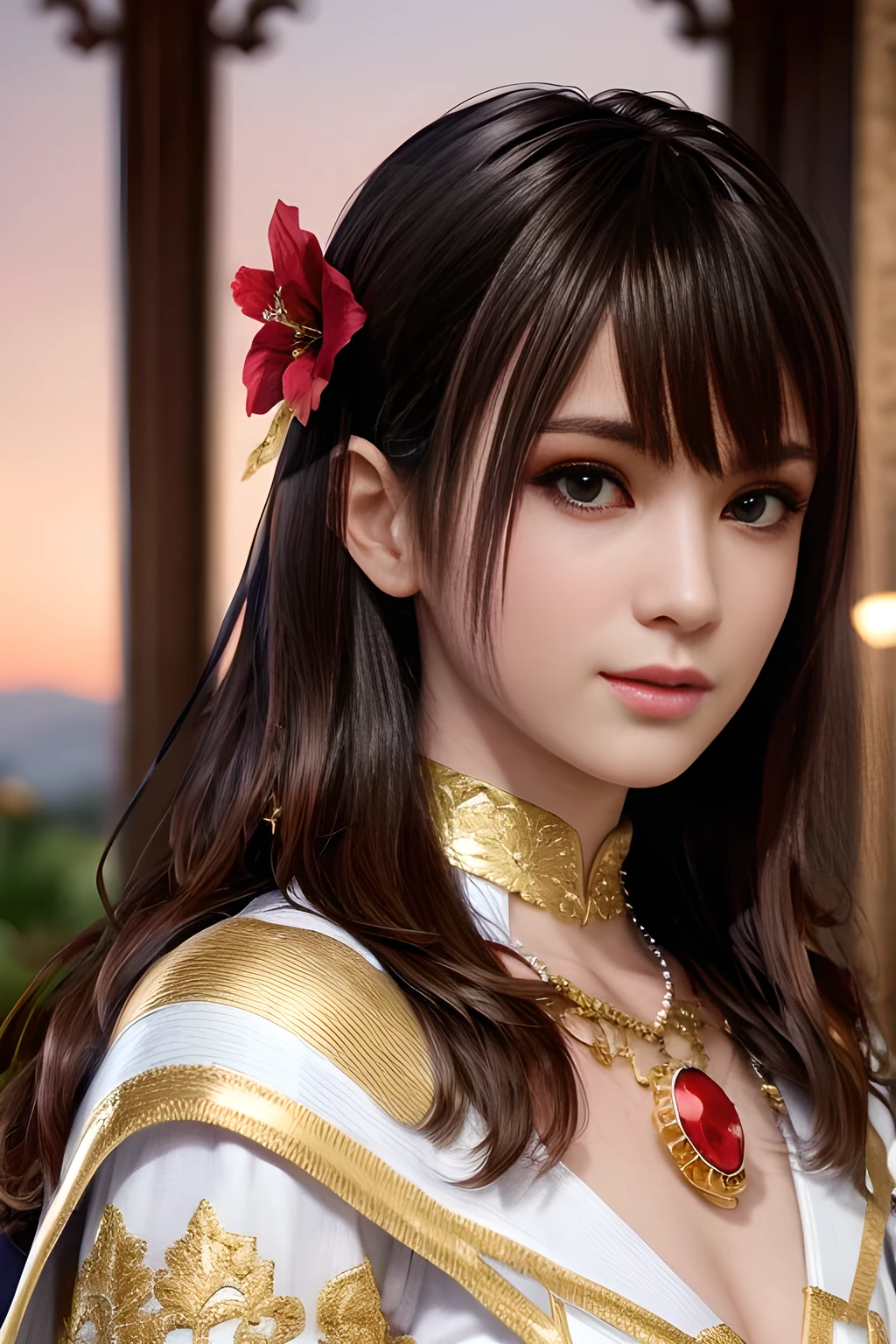 A beautiful woman with long brown hair styled elegantly, wearing a detailed white lace bodysuit and a luxurious red cape with gold trim. She has a regal and enchanting appearance, adorned with a delicate red gemstone necklace. The background features a countryside landscape with blooming flowers and a warm sunset glow. Ultra-detailed, fantasy-themed, high-quality, cinematic lighting, realistic textures, intricate embroidery.