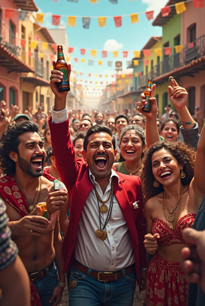 Three Latino men dressed in Dragon Ball Z clothing drinking Chicha. Surrounded by a crowd of beautiful women dressed as prostitutes hugging them
