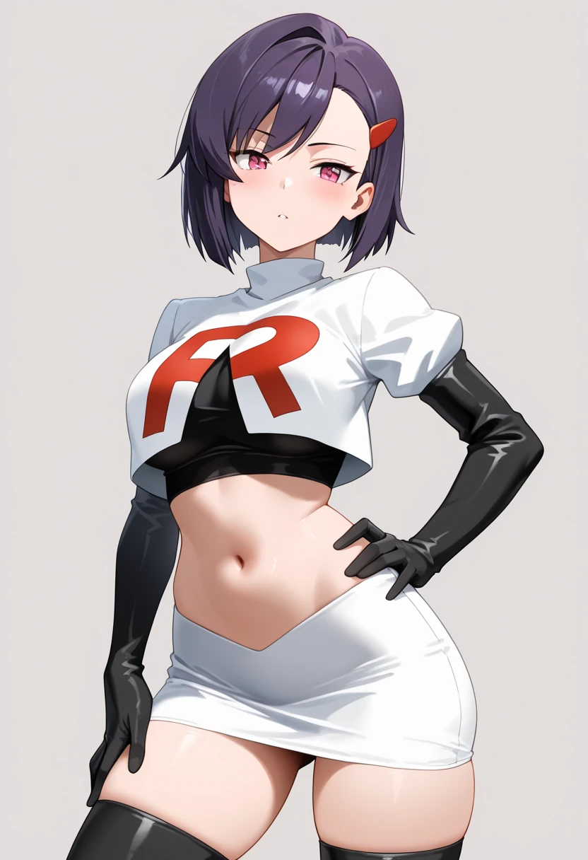 1girl, solo, beautiful face, finely detailed face, beautiful eyes, purple hair, team rocket,team rocket uniform, red letter R, white skirt,white crop top,black thigh-highs,black elbow gloves