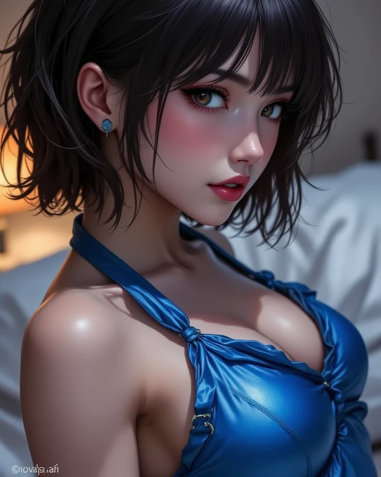 sfw, ((lying on bed top view)), cute girl, Short dark green hair, beautiful, collar, Dark green hair,beautiful girl, full body, short bright blue dishevelled hair, black eyeshadow, (street style wear:1.2), ((tight fitted short skirt)), ((knee high leather boots)), (city night background:1.2), dark makeup, digital art, trending on artstation, highly detailed, fine detail, intricate, beautiful detailed glow, detailed, Cinematic light, high-res, detailed facial features, sharp focus, smooth, aesthetic, wearing bra,((skinny waist)), young asian girl, ((big breasted)),