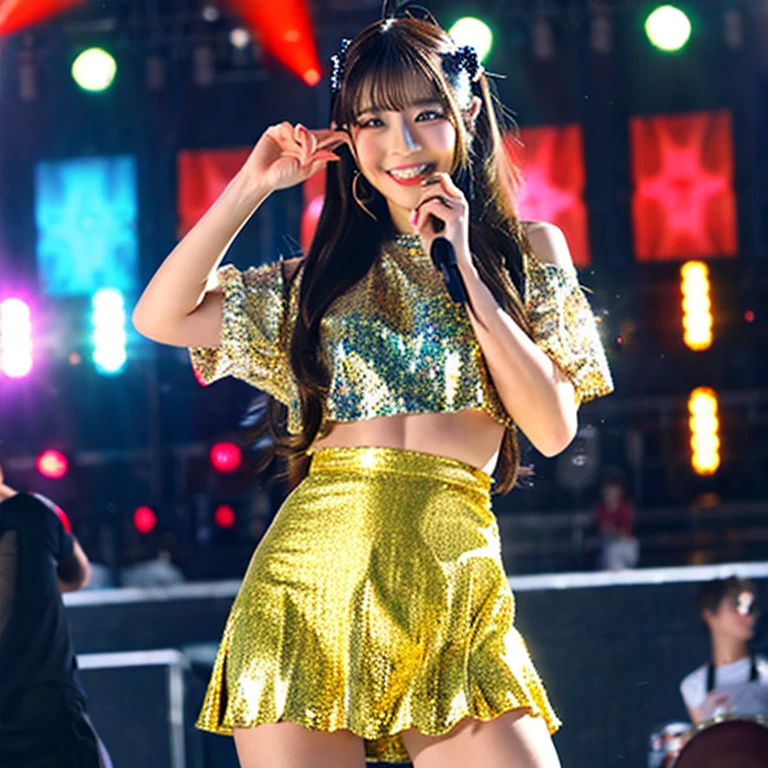 "(best quality,4k,8k,highres,masterpiece:1.2),ultra-detailed,anime,stage performance,sexy outfits,dancing and singing,crowd cheering,spotlights,music notes,energetic and vibrant,glowing stage,megaphone,microphone,sparkling costumes,enthusiastic audience,beautiful detailed eyes and lips,flashing lights,colorful backgrounds,awesome choreography,blasting music,high-energy performance,confident expressions,stage smoke,synchronized movements,heartfelt emotions,dynamic poses,expressive gestures,celebrity-like atmosphere,thousands of fans,waving glow sticks,hot dance moves,lively and captivating,cheering and applause,memorable concert experience,vibrant colors,photo-realistic:1.37,stage effects"