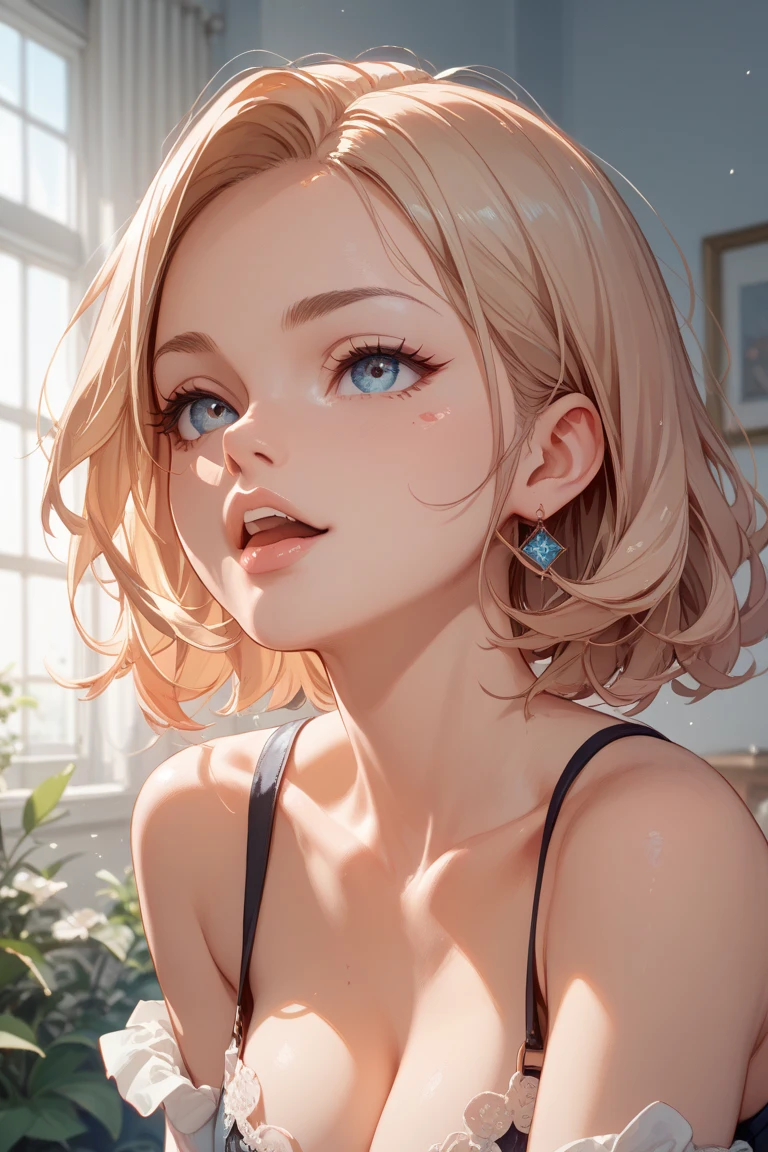 ((((masterpiece, best quality, high resolution)))), Extremely detailed 8K, Beautiful girl with slender body, (Ultra HD, Ultra-detailed, Highly detailed, Highly realistic, Ultra-realistic, photograph realistic), (1girl:1.5), (Realistic white hair), short wavy hair, bob cut, (dynamic poses), facing at camera, light smile, purple eyes, (large breasts: 1.2), (beautiful detailed face, beautiful detailed eyes), (white tank top, thin material), cleavage, dark jean shorts, glow, sweat, (sunbeam, sunlight)