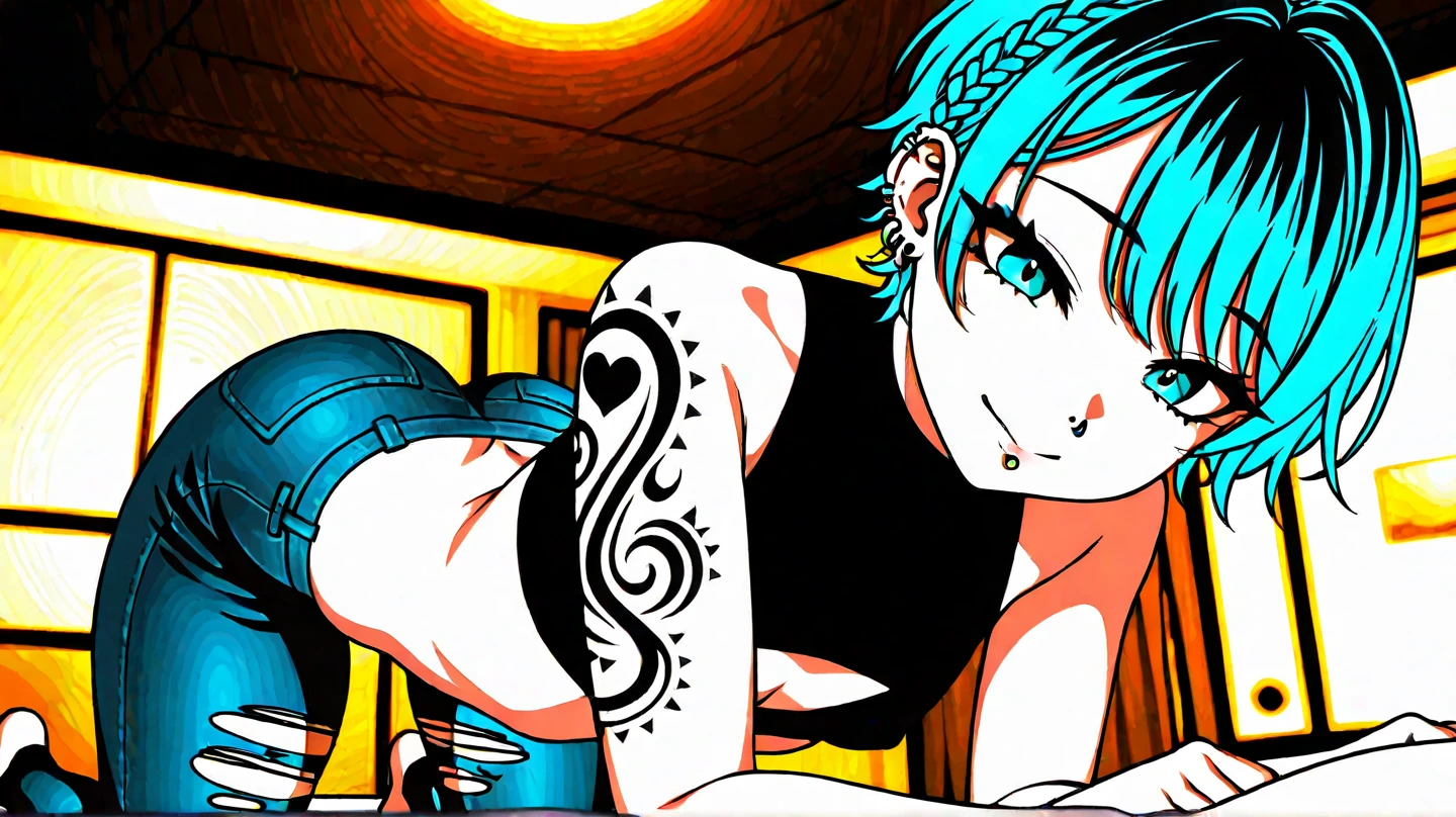 NFSW, a nymphomaniac woman, short-cut hair, , tiny body, , Masterpiece, best quality:1.2, 1 girl, solo, striking teal and black bob-cut hair, (petit, tiny breast, small tits) tattoos, minimalist room with smut details at the wall, totally naked, (face dirty with sperm, piss and spits), geometric rug, contemporary art, edgy, stylish, bold aesthetic. (tattoos at the back like an eagle ace, breast, write "Mettallica" in the butt (((taiwanese girl with tattoos, inked, dark green hair, tattooed, with tattoos, anna nikonova aka newmilky, green hair, short unkempt green hair, style of ink)))