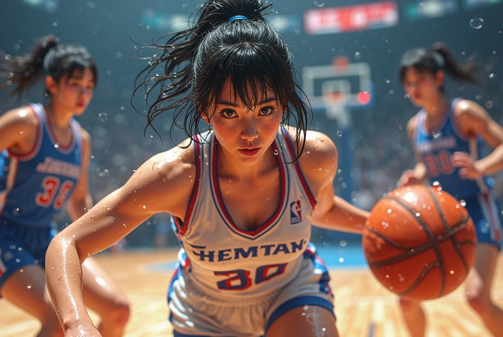 (Full Body Shot:1.3), Bokeh:1.2, Dynamic Angle, ((Professional Basketball field)), Cheering Audience, 1 Basketball, 
2girls , 22 year old girl playing basketball a defending girl tires to block her, Fit, Black hair, pony-tail, Basketball Uniform, sparkly skin, Wet hair,
Detailed face, (Raw foto, Best Quality, Masterpiece:1.2), (realisitic, Realistis:1.37), Professional Lighting, light on the face,