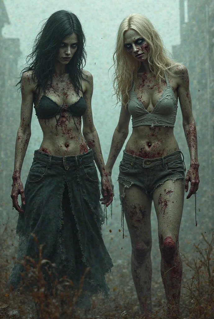 A dramatic photograph taken in an office setting features three different slender business ladies, each with a model appearance, blonde and brunette sitting in flirty poses on the muddy floor and their clothes completely blood and mud covered, they smear blood and mud on own all clothes. Their very long, straight hair is disheveled, stained in blood, cascades over their shoulders as they look directly at the viewer. They are dressed in dark elegant business skirt suits made from cotton and wool fabric, including long business pencil skirts, torn and ripped jackets, vests, torn white button-up shirts. The jackets, vests, and skirts are soiled with a thick, white, viscous liquid that drips down their clothing, creating a striking contrast against the cotton fabric. They smeared a lot of blood, mud on their skirts, jackets, vests, shirts, stockings, faces, and hair from head to toe. Their jacket, skirt are very torn, ripped, tired and muddy, dirty. The liquid blood and mud covers their clothing, leaving many visible stains and streaks. They wear black chokers around their necks, adding to the eerie and unsettling atmosphere. Their smear dirt on own clothes. The background shows a muddy basement. The lighting is artificial and evenly distributed, highlighting the subjects' faces and upper bodies while creating soft shadows. The overall mood is dark, intense, and eerie, emphasized by the low-key lighting and the contrast between the clean, organized office space and the disheveled appearance of the women. The cool color palette and high contrast between the subjects and their surroundings contribute to the dramatic atmosphere, creating a sense of tension and foreboding in this surreal, otherworldly setting.