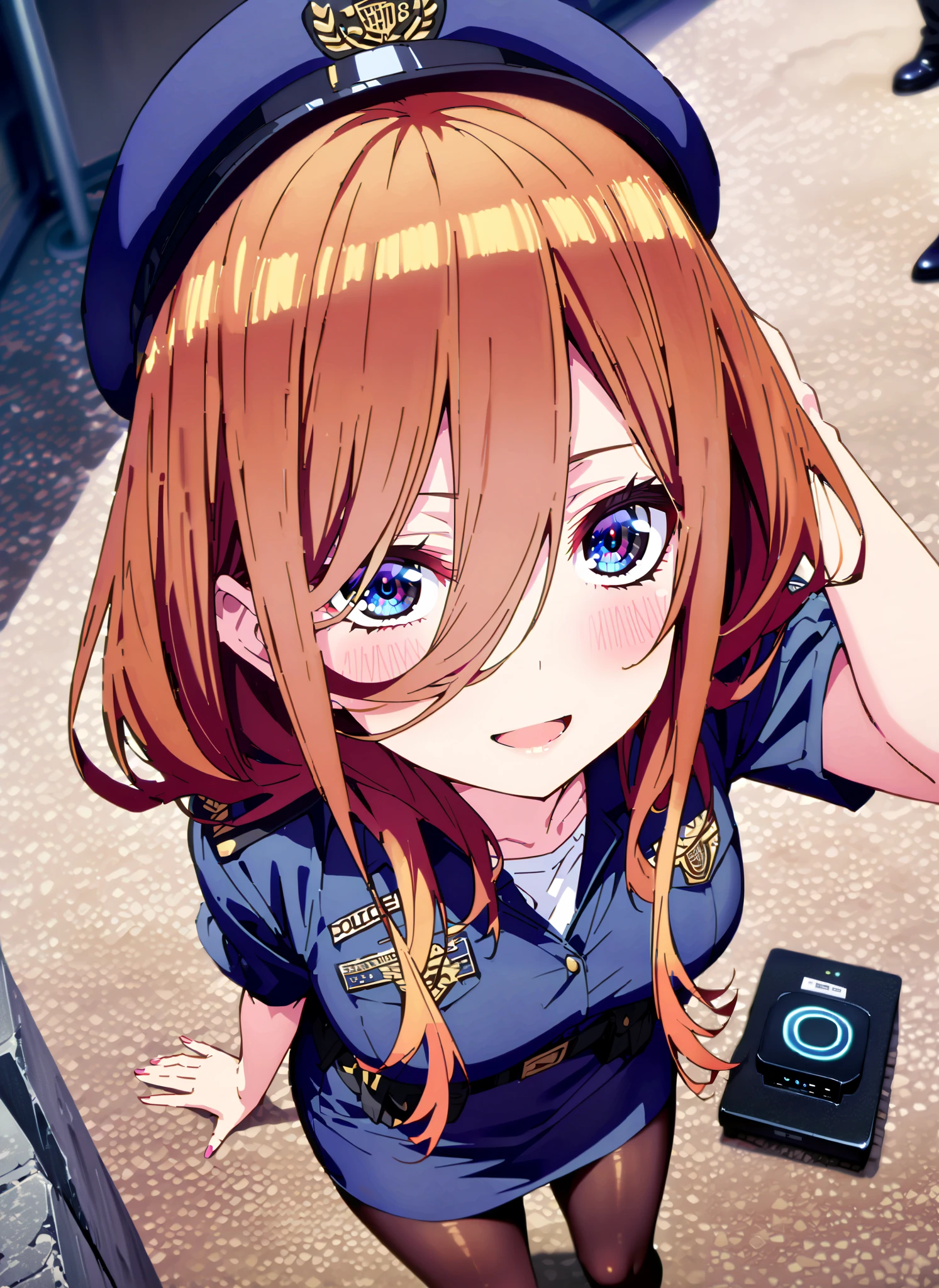 score_9, score_8_up, score_7_up, source_anime, Nakano Future, Nakano Future, long hair, Bangs, blue eyes, brown hair,Wide hair between eyes,police hat, Police Officer Uniforms,blue pencil skirt,Wireless machine,black pantyhose,pin heels, Salute ,is standing,smile,cover,close your mouth,,full bodyがIllustrationsに入るように,break outdoors, City,
break looking at viewer,full body,
break (masterpiece:1.2), Highest quality, high resolution, Uniform 8k Wallpaper, (Illustrations:0.8), (Beautiful Detailed Eyes:1.6), very detailed face,  So that it fits into the illustration, very detailed CG, ( curved body, perfect anatomy),