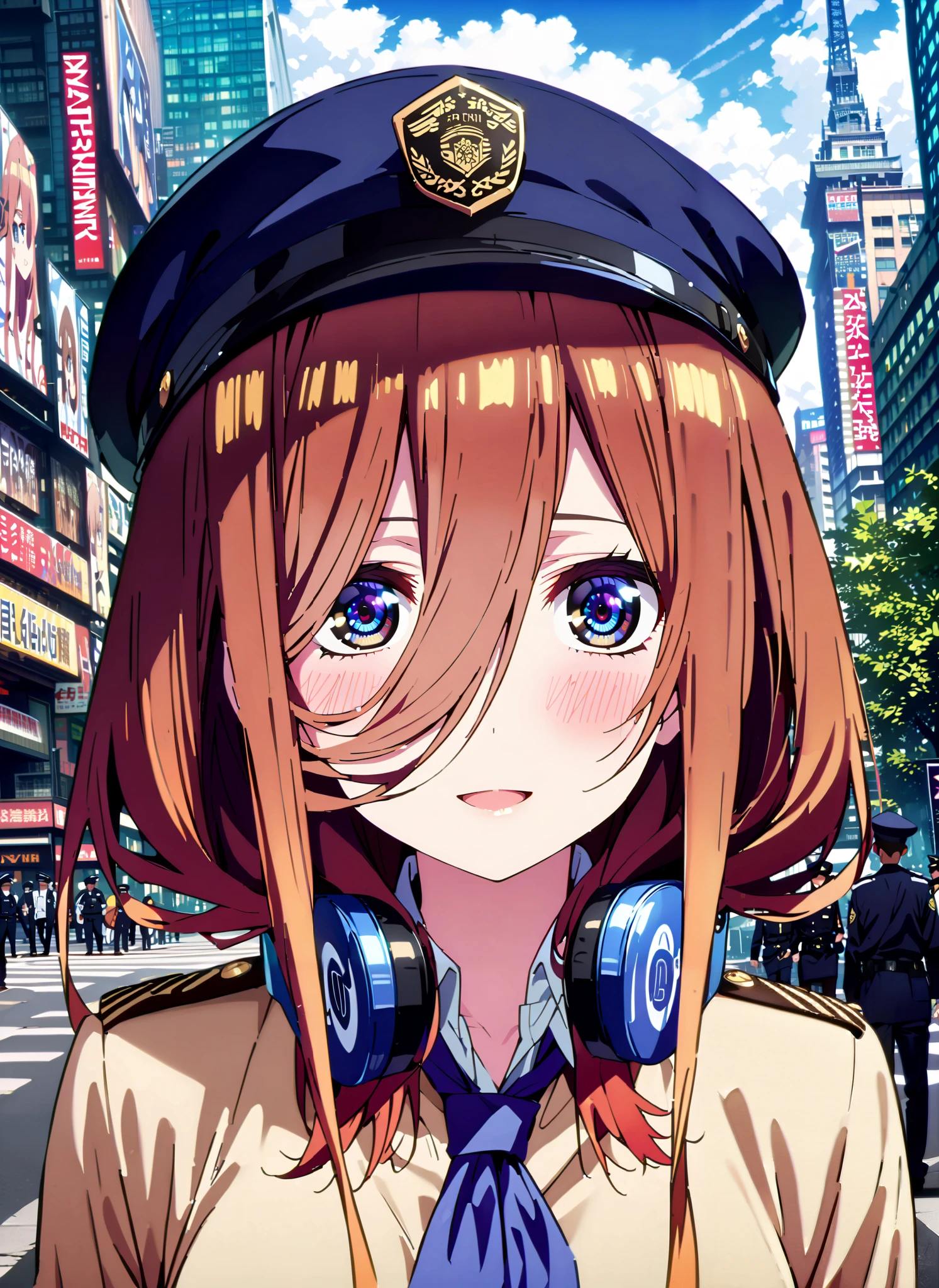score_9, score_8_up, score_7_up, source_anime, Nakano Future, Nakano Future, long hair, Bangs, blue eyes, brown hair,Wide hair between eyes,police hat, Police Officer Uniforms,blue pencil skirt,Wireless machine,black pantyhose,pin heels, Salute ,is standing,smile,cover,close your mouth,,full bodyがIllustrationsに入るように,break outdoors, City,
break looking at viewer,full body,
break (masterpiece:1.2), Highest quality, high resolution, Uniform 8k Wallpaper, (Illustrations:0.8), (Beautiful Detailed Eyes:1.6), very detailed face, So that it fits into the illustration, very detailed CG, ( curved body, perfect anatomy),