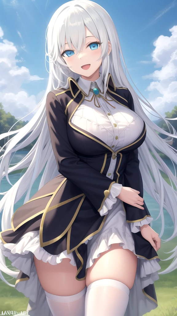 (​masterpiece、top-quality)、1girl in、Long、White hair、blunt bangs、a smile、Color eyes、Ribbons in the hair、White short-sleeved shirt、checked skirt、blue-sky、insight、cute  face、rays of sunshine、is standing、big breasts、manicure