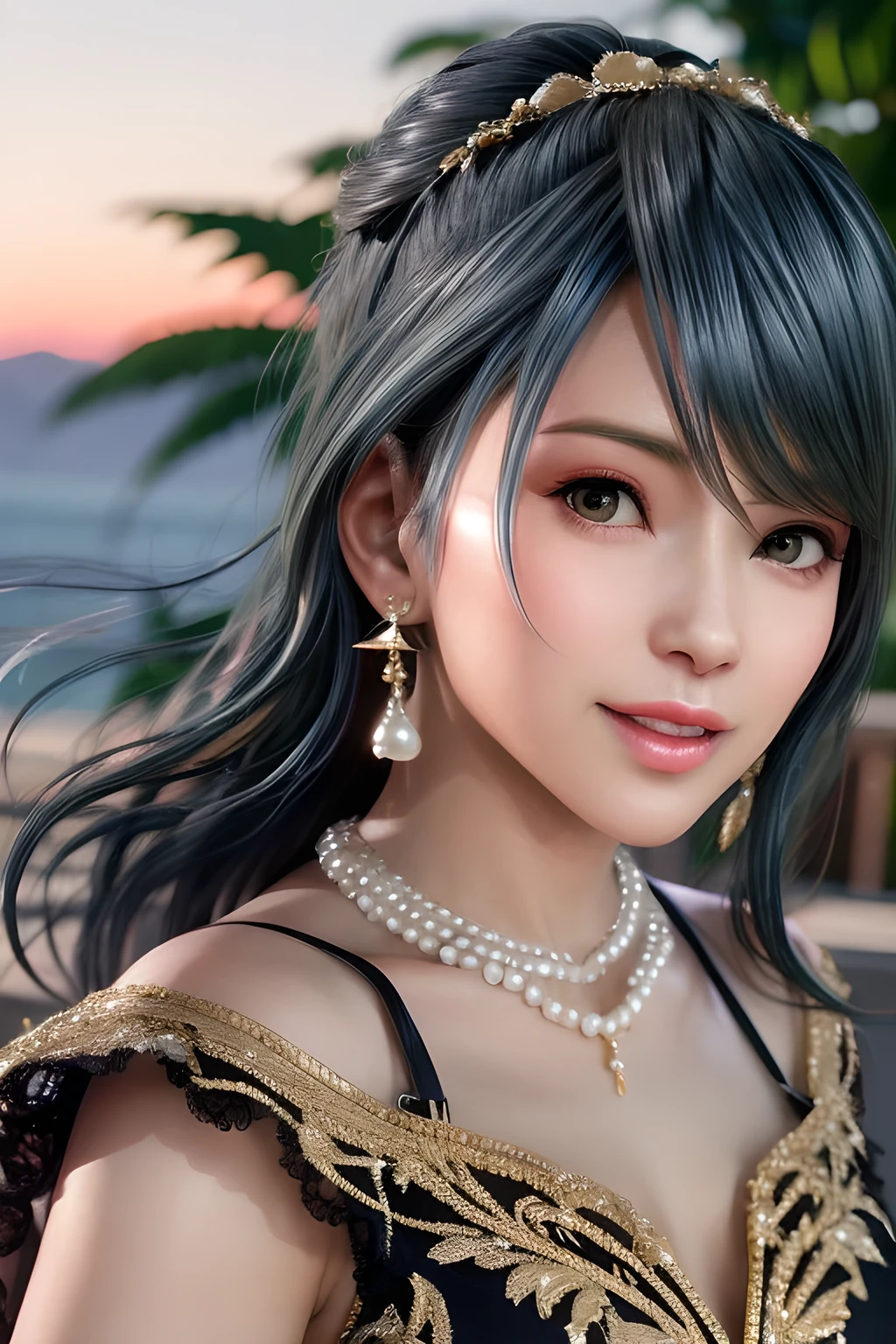 A beautiful young woman with long flowing black hair, smiling warmly. She wears a shimmering silver evening gown adorned with intricate beaded embroidery. The dress is elegant and form-fitting, highlighting her graceful silhouette. She accessorizes with delicate gold earrings and a pearl necklace with a gold pendant. The background features an outdoor terrace with soft golden hour lighting and a clear blue sky. Her hair gently moves with the breeze, creating a dynamic and captivating scene. Ultra-detailed, cinematic lighting, realistic textures.