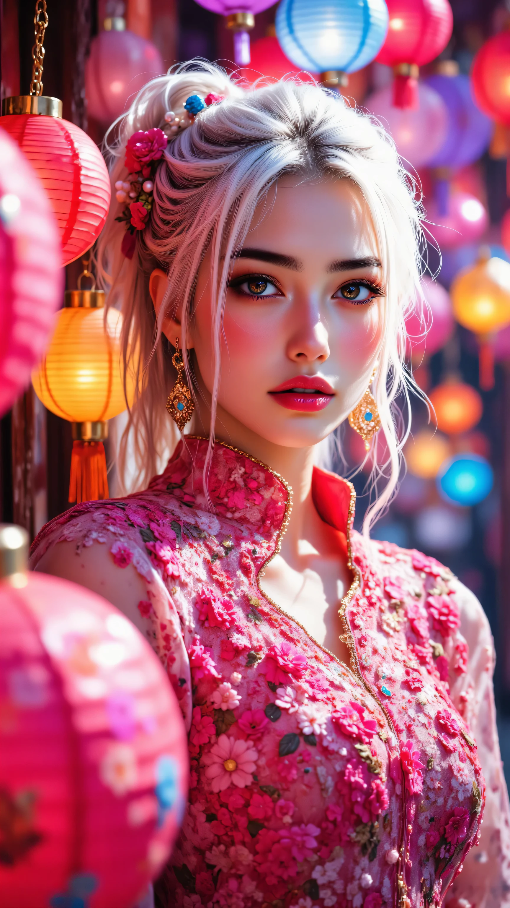 8k, Masterpiece, Top Quality, Close-up, vibrant, pink, white, hairstyle, updo, dramatic, makeup, bright, eyeshadow, large, dangling, earrings, light-colored, beads, pearls, pink, embroidered, sheer, high neck, long sleeves, delicate, floral, Asian, aesthetics, illuminated, lanterns, various, sizes, colors, pink, purple, blue, yellow, translucent, opaque, depth, visual interest, dramatic, model, lanterns, depth, dimension, stylized, fantasy, fashion, shoot, appearance, contrasting, textures, colors, clothing, background, surreal, otherworldly, lighting, appearance, lanterns.