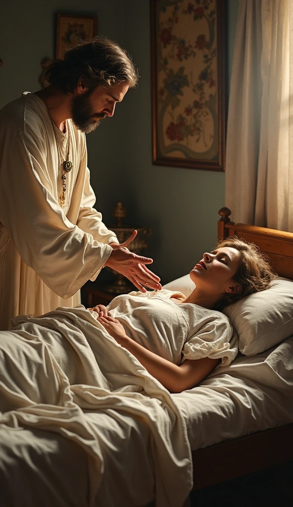 A woman crying in her room and Jesus beside her 