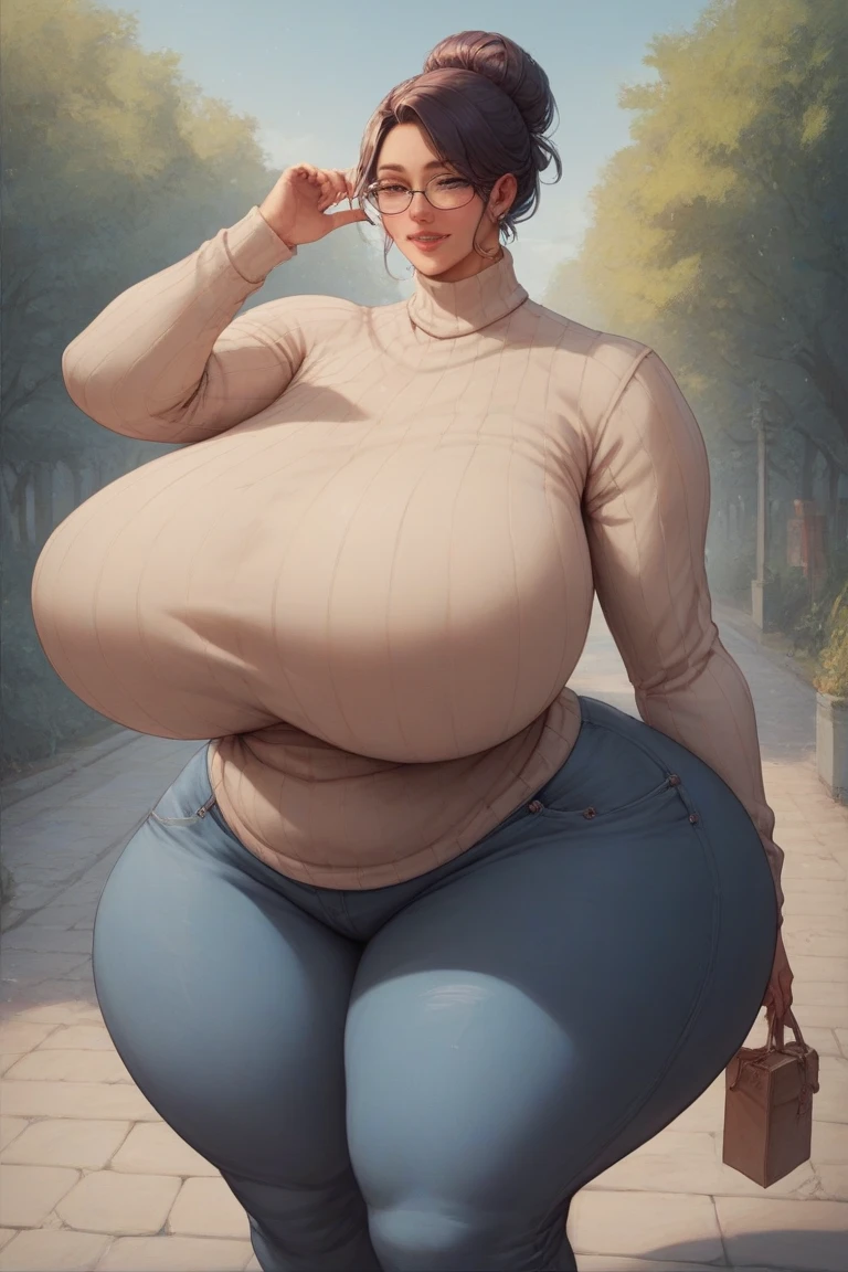 1 girl, brown hair, breast expansion fetish, , detailed, wearing tight sweater, hyper sized breasts, covered nipples, amazon body, her breasts are filling the screen, her face is partially hidden by her breasts
