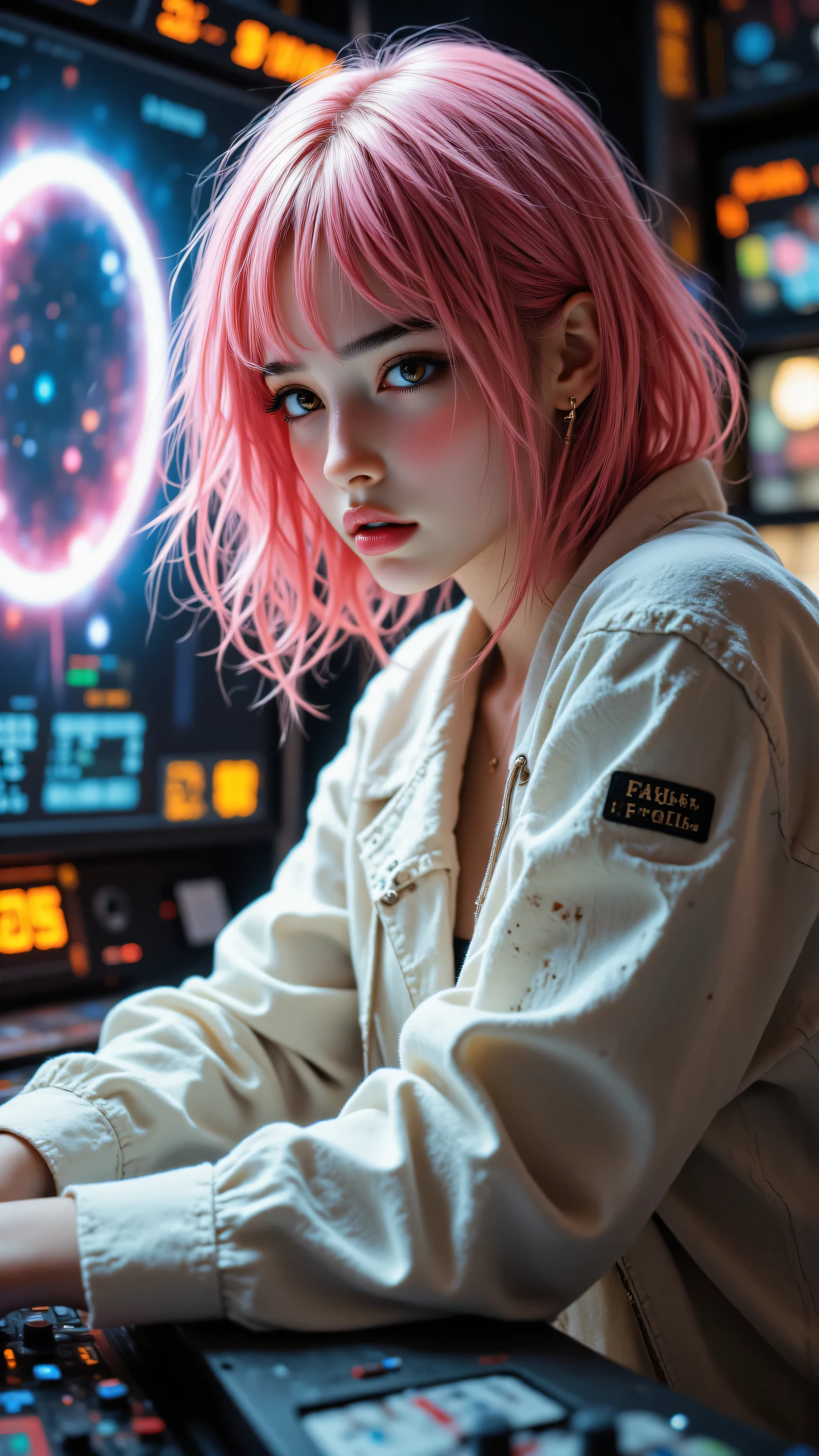 8k, Masterpiece, Top Quality, Close-up, low-angle, woman, pink hair, bob, cream jacket, metallic studs, defined eyebrows, eyeliner, serene, focused, operating control panel, illuminated, warm-toned lights, technological, space view, swirling nebula, galaxy, soft lighting, evocative, pinks, creams, blues, dreamy, otherworldly.