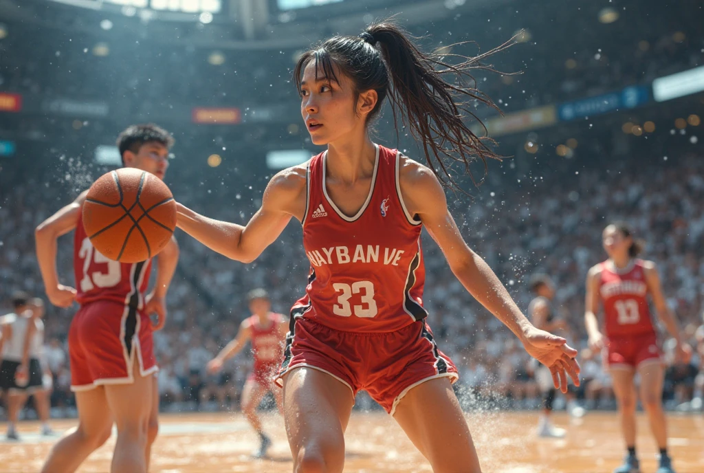 RAW image quality, 8K, (hight resolution, Best Quality, masutepiece:1.4), (Young Girl :1.3), Sparkly skin, narrow hips, Large chest teeth on the skin, (Woman in basketball clothes:1.3), Basketball Jersey, Basketball Shorts, Short shorts, Sweating Lots, (On the basketball court:1.2), (Her panties are visible under her shorts:1.2), taut clothes, Pubic hair, Angry look, Blushing, Beautiful background,