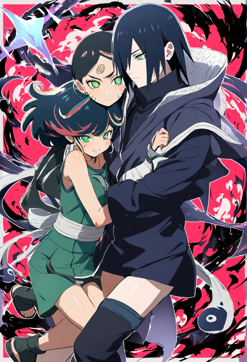 Ultra detailed, high resolution, absurd, HDR, masterpiece, anime girl and boy, beautiful woman (with long white hair with deep red streaks, woman (with yellow eyes), the woman (is wearing a red haori), in black demon slayer corps uniform, Kimetsu No Yaiba, fantasy, handsome, Tomioka Giyu, Hashira, Tomioka is serious, couple, night, forest, best quality, extremely detailed face, anime, the girl is really hurt, the girl is covered in blood , Tomioka is a strong man, Tomioka is trying to protect the pretty girl,