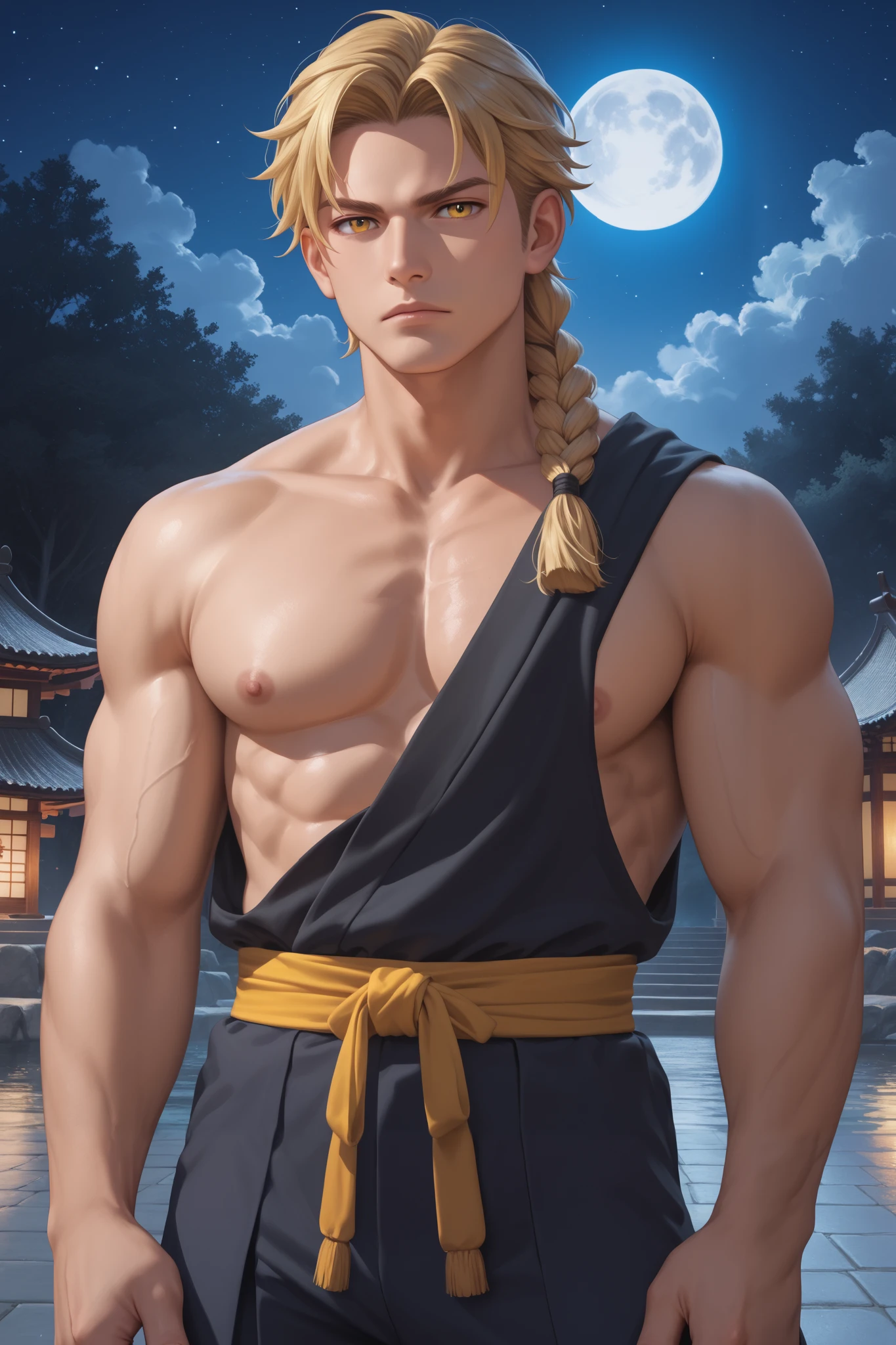 masterpiece, beautiful, ultra-detailed, detailed face, 4k, hd, perfect lighting, best quality, score_9, score_8_up, score_7_up, 2d art, perfect hands, perfect eyes
((cowboy shot))
edward_elric, blonde hair, yellow eyes, braid, single braid, braided ponytail
1man, serious, 30yo, adult, ((mature man)), muscular, confident pose, serious
night, kyoto, moon
realism, detailed, skin texture style