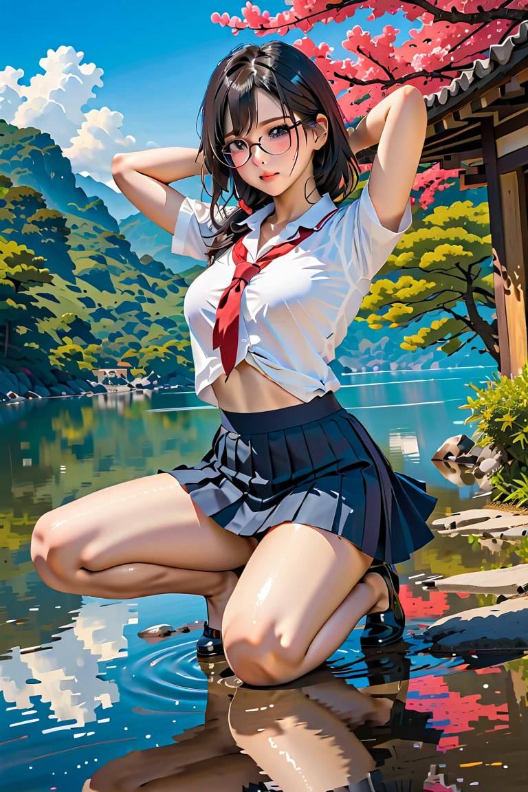 (1girl, sharp focus solo), (full body portrait image:1.4), (Masterpiece, Super photo realistic, Super details, Super Highest Quality, Super Highest photo realistic), super cute and beautiful girl, (erotic atmosphere:1.3), You are a professional photographer Photographing my girlfriend, Very Japanese gal, Wearing plaid pleat mini skirt, False eyelashes, Pearl pink glossy lips, Unbuttoned white shirt, (kawaii erotic girl:1.3), (yellow eyes:1.4), round chest, (Wider at the hem flabby large in size Super Loose Socks:1.4), (loafer), (An innocent 16-year-old cute Japanese girl:1.4), (skin fang:1.4), Very happy smile, Extremely Realistic, open mouth, half close eyes, slim waist, (tanned skins:1.4), slim beautiful legs), a girls incoming, black pupils, dark brown color hair style, high school gal, (torogao:1.4), dark brown hair color, two side up hair style, hair pin, (cute Asian gal:1.4), (wide stans legs standding:1.4), white bangs, shirt out over on skirt, super slim beautiful thigh legs, black long loose necktie,